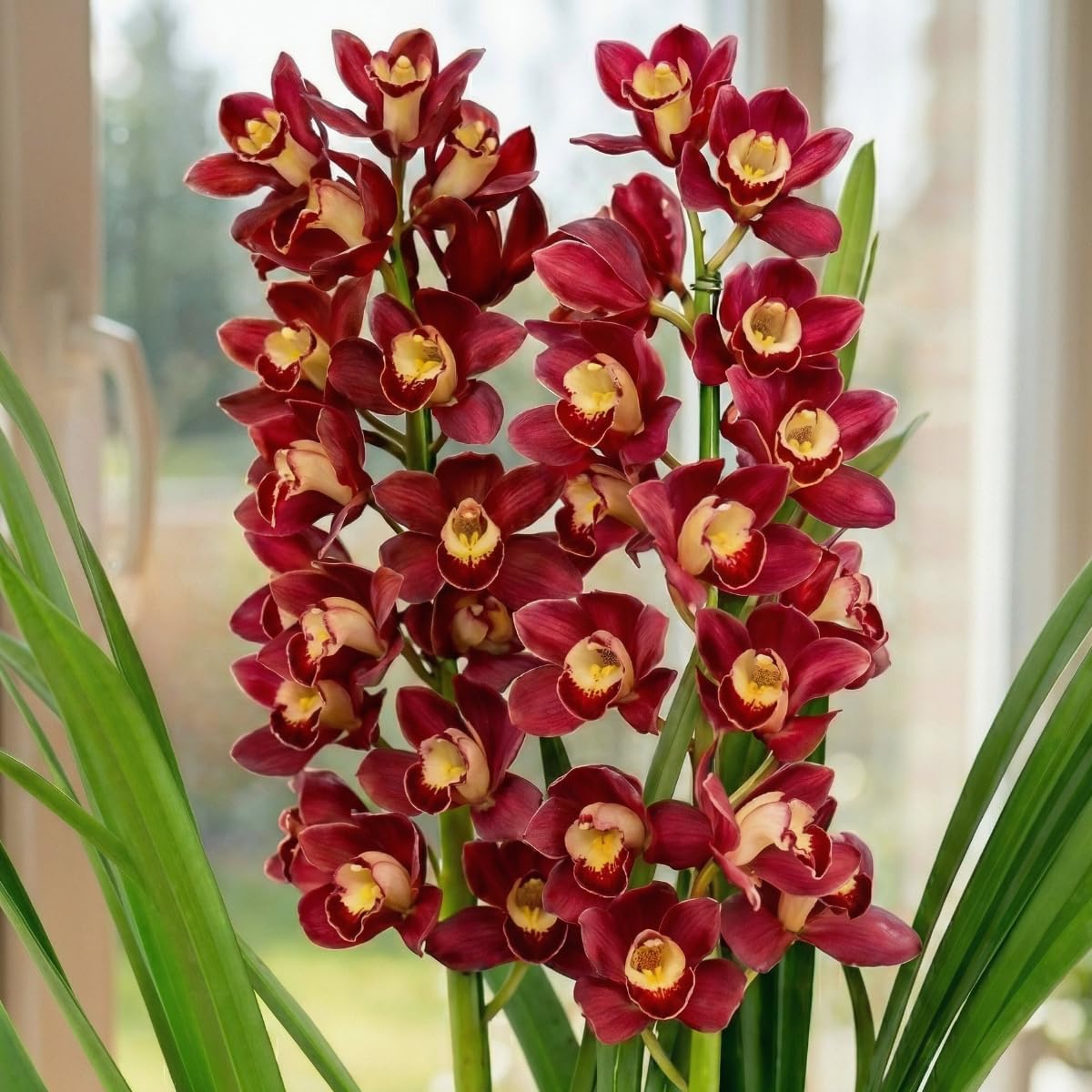 Orchideen Echte Pflanzen Rote Cymbidium - 1 große Zimmerpflanze aus Holland - 60-70 cm hoch - 14 cm Topf - mit Blüten und duftend (Nicht künstlich, ohne Dünger und Topf, keine Samen, nicht winterhart)