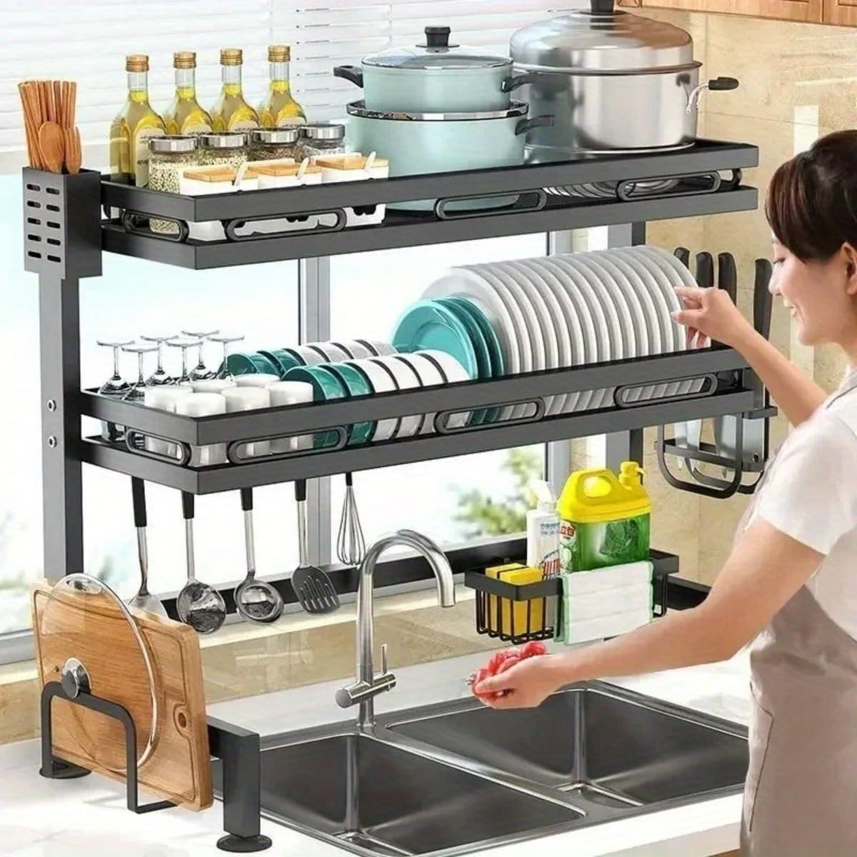 3-Tier Over Sink Dish Draining Rack Adjustable Width and Height with Phone Holder Cup Holder, Knife and Chopstick Holder, Cutting Board Rack, Space-Saving Rack