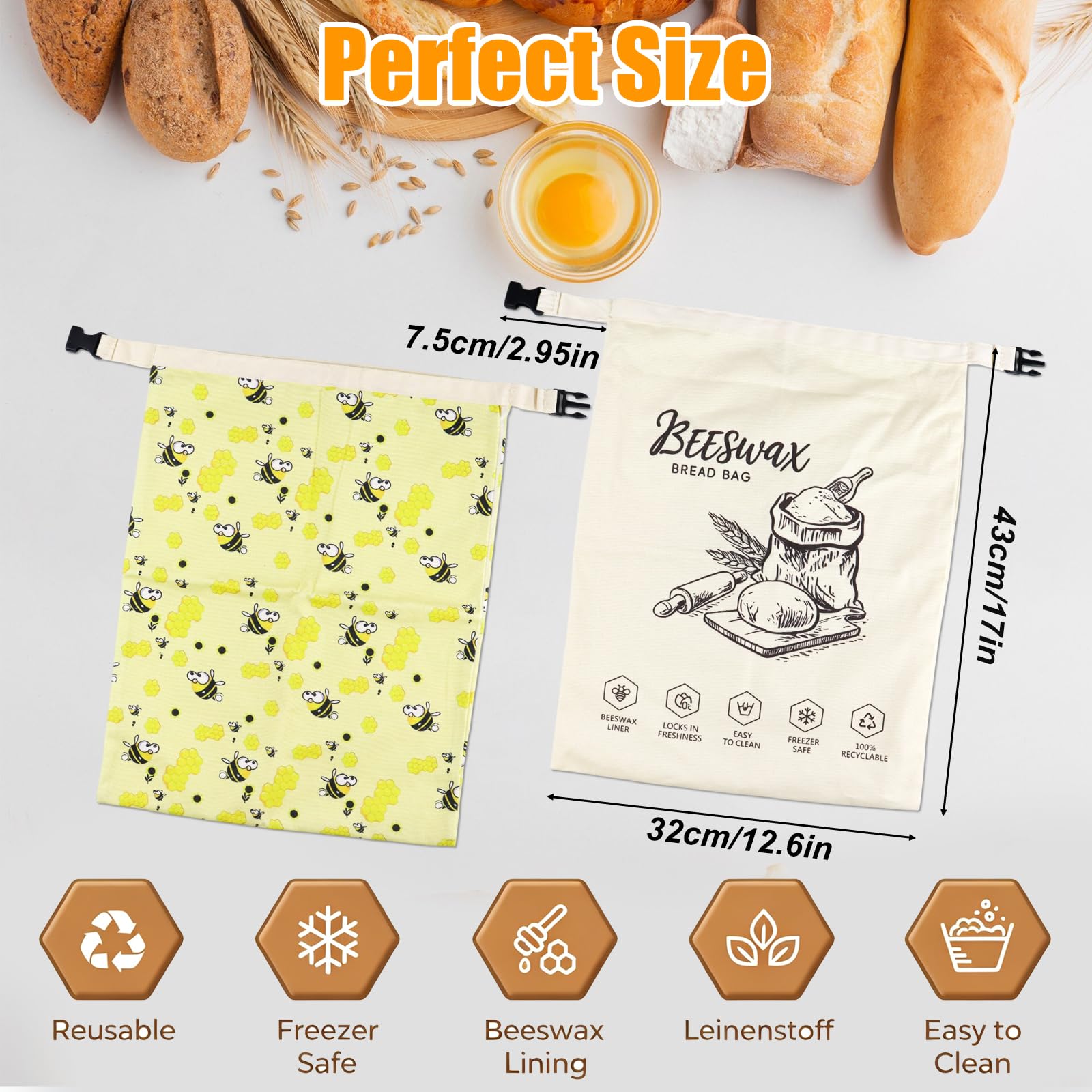 2 Pezzi Sacchetto per Pane in Cera d'Api Naturale ,Sacchetti di Cotone Riutilizzabili Extra Grandi,Sacchetti di Cotone Riutilizzabili Lavabili, per mantenere il pane e i prodotti da forno 32 × 43 cm