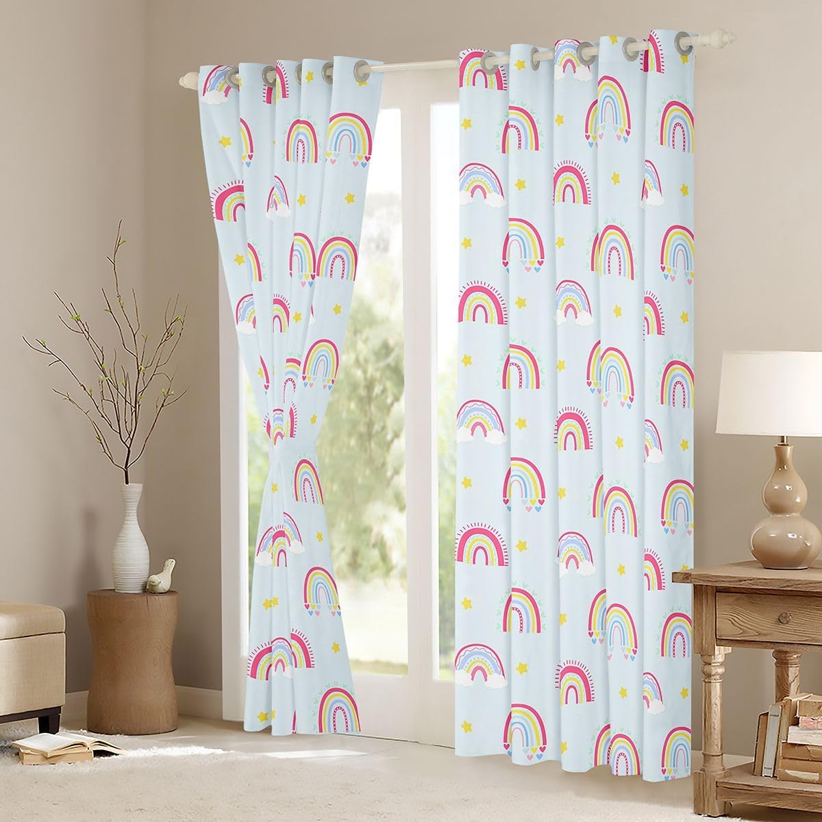 Castle Fairy Cartoon Rainbow Window Curtains Rainbow Window Drapes,Bright Stars Window Treatments,Kawaii Blue Kids Boys Girls Room Decor, Grommet Top 2 Panel Set Bedroom Curtains, 52Wx96L inch
