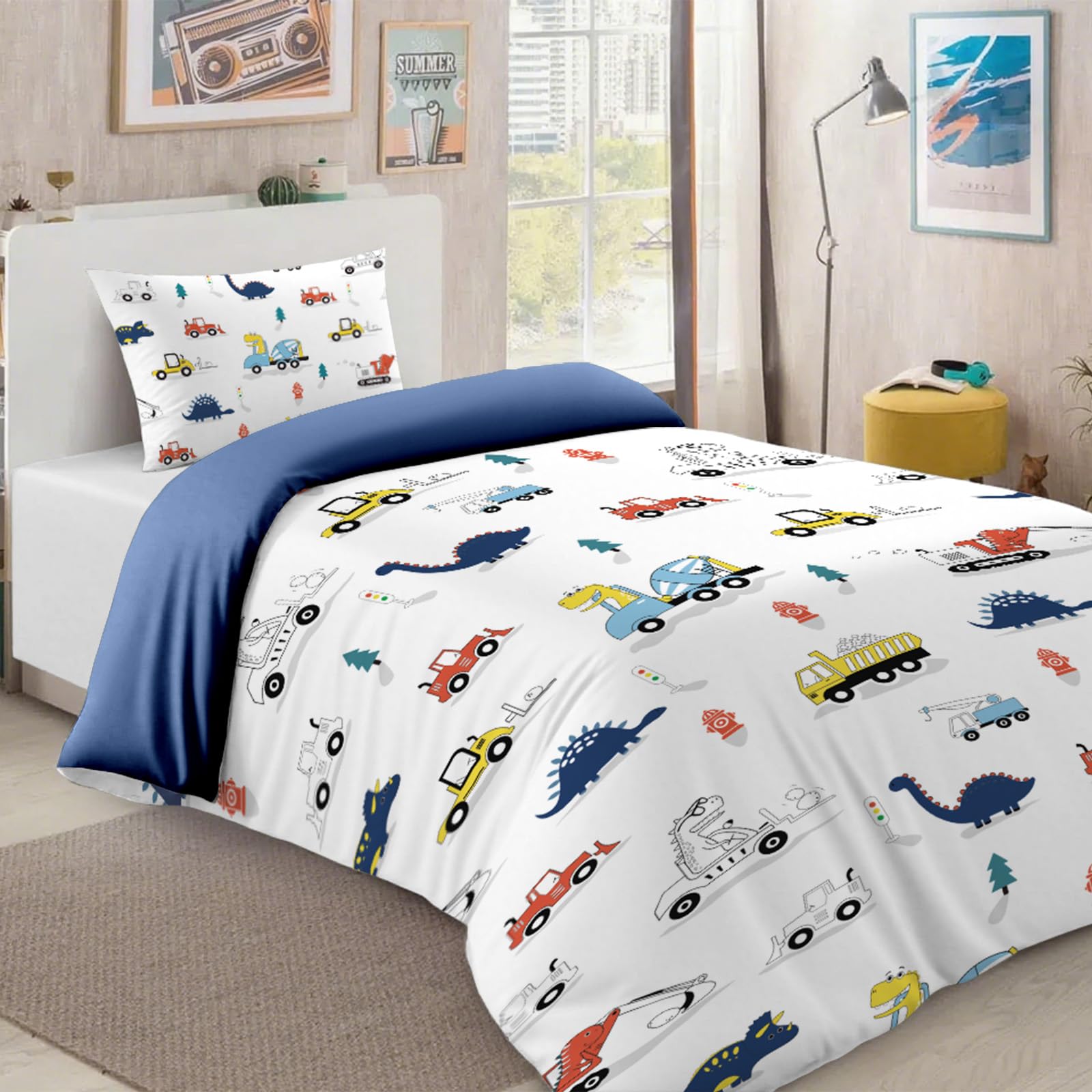 MUSOLEI Dekbedovertrek voor auto, 140 x 200 cm, voor kinderen, jongens, beddengoed van microvezel, 1 persoon, 3D-print, met kussensloop 65 x 65 cm, cadeau voor verjaardagsfeestje (auto 03