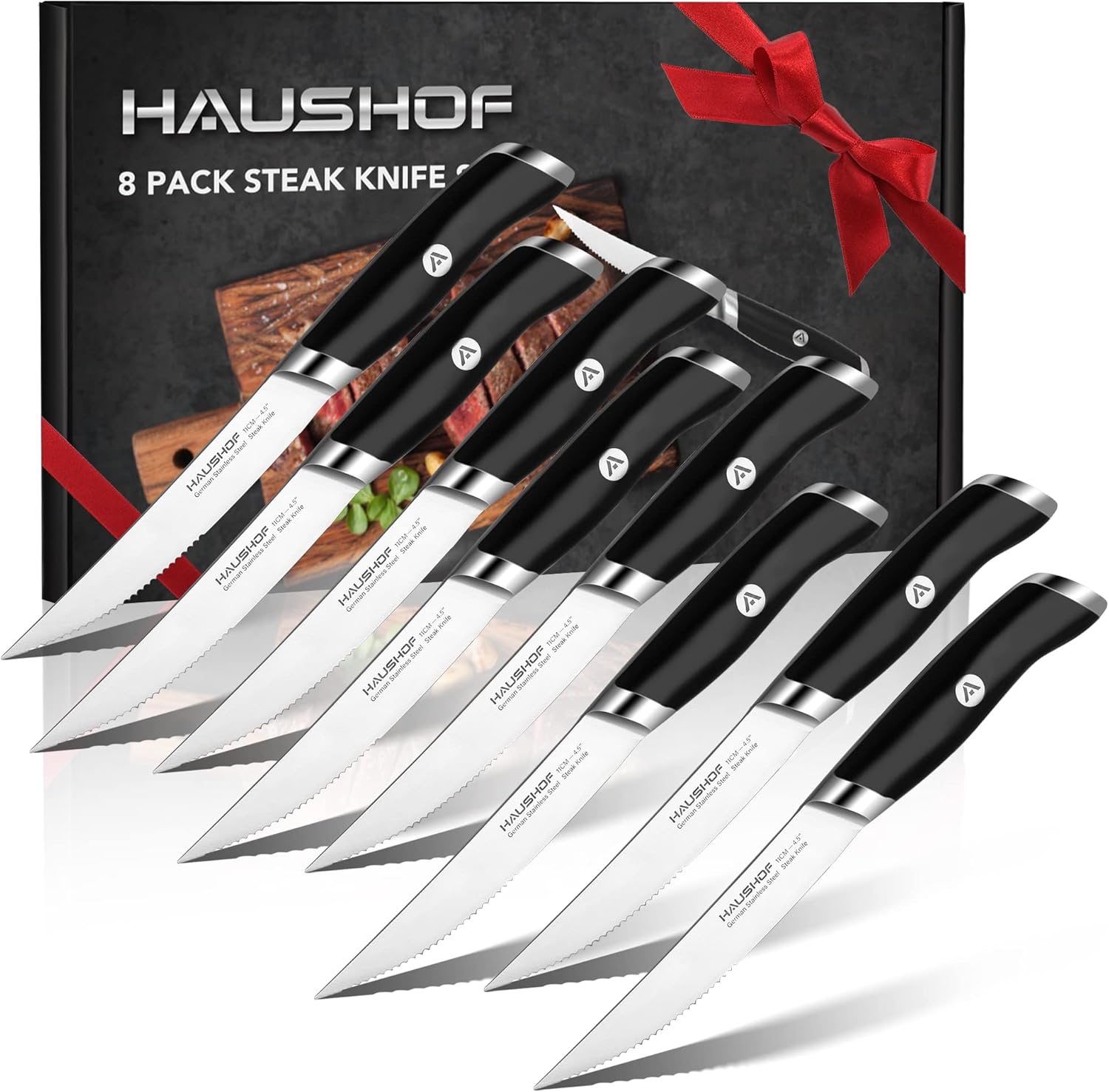 HAUSHOF Steak Knives Set of 8, German Stainless Steel Premium Serrated Steak Knife Set with Gift Box, Full Tang Design with Ergonomic Handle, Gifts Knife Set for Dad, Mom, Husband and Wife