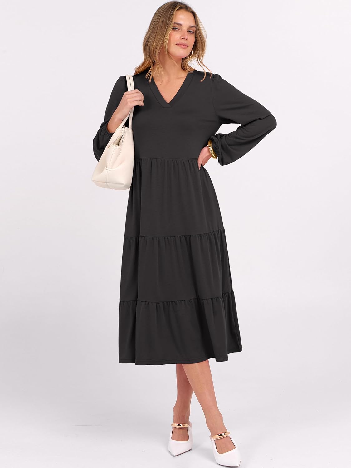 ANRABESS Women's Long Lantern Sleeve Floral Midi Dresses 2026 Spring V Neck Casual Flowy A-line Tiered Boho Vacation Dress - Image 6