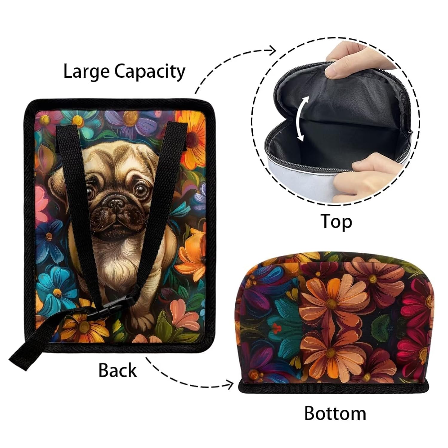 Talayituse Pug Dog Daisy Print Car Trash Can with Lid, Foldable Waterproof Auto Garbage Can Organizer Storage Bag with Adjustable Strap for Headrest Floor Passenger Seat