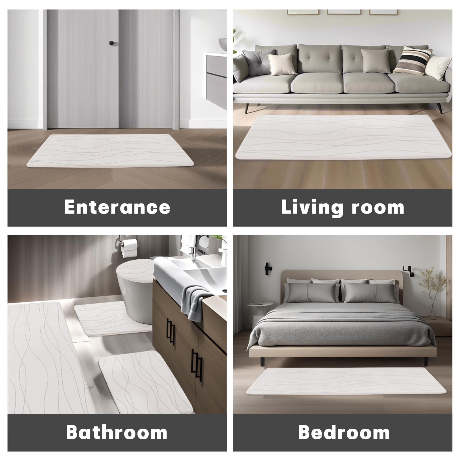 YIHOUSE Badezimmerteppich-Set, 5-teilig, Memory-Schaum, Badematte, Weiß | Ultraweich, saugfähig, rutschfest, maschinenwaschbar, für Badezimmer, Waschbecken und Toilette
