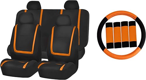 FH GROUP FH-FB032114 fundas de asientos de automóvil de tela lisa exclusivas con funda de volante FH GROUP FH2033 y almohadillas de cinturón de