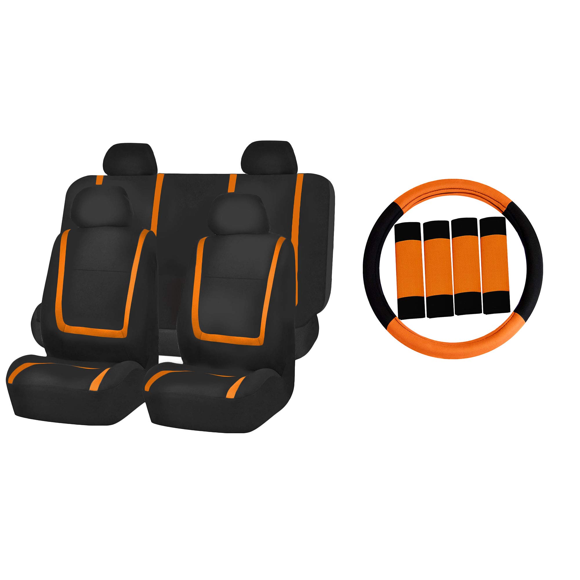 FH Group Automotive Seat Covers Unique Flat Cloth Orange Full Set, Combo Steering Wheel Cover and Seat Belt Pads Rear Solid Bench Universal Fit for Vans Cars Trucks and SUV Interior Accessories