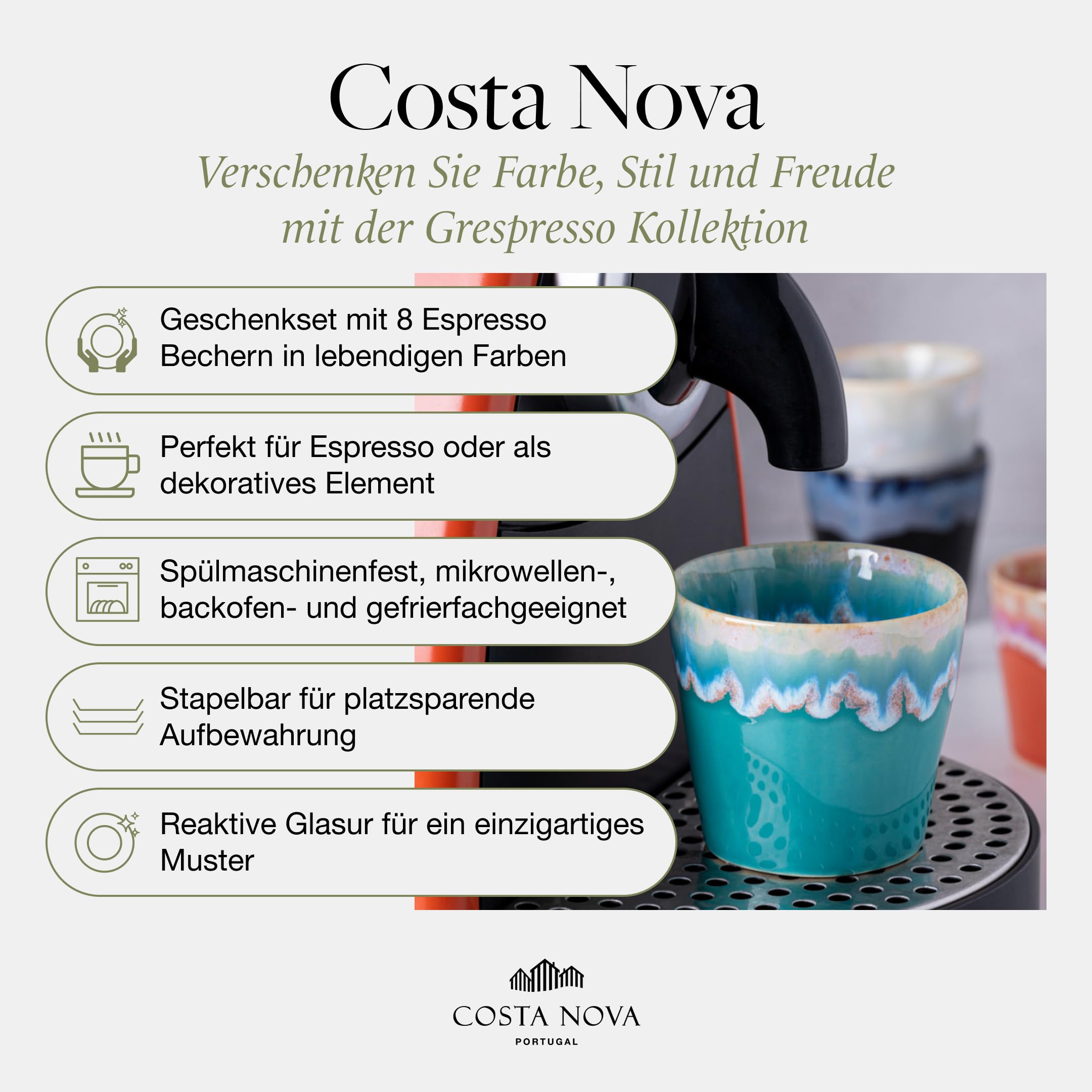 Costa Nova Geschenkset Grespresso: 8 Steinzeug-Tassen mit reaktiver Glasur, Handveredelt in Portugal, Stapelbare Espresso Becher in edler Holzbox, Spülmaschinenfest, Mehrfarbig, ⌀ 6,5 cm