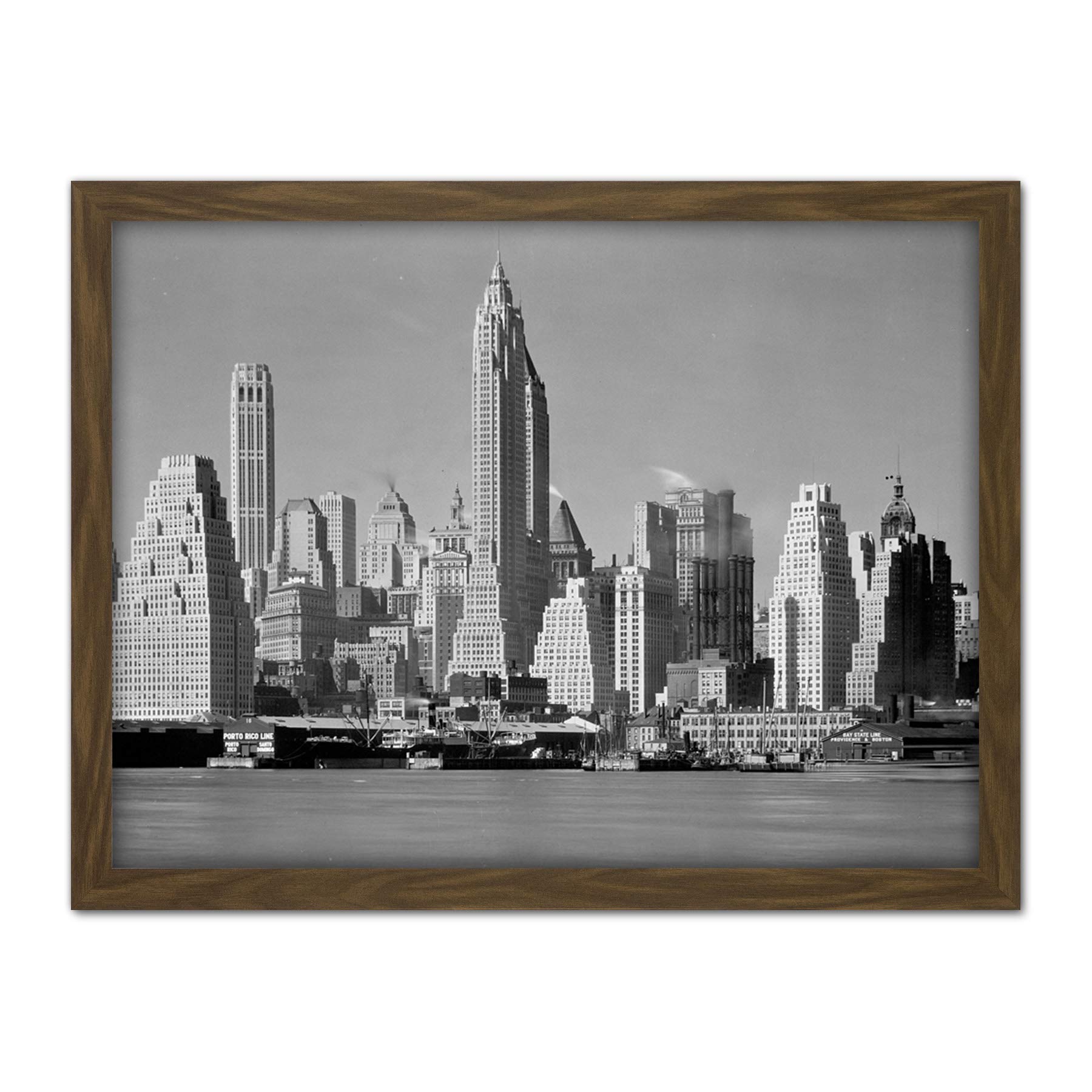 Artery8 New York From River Skyscrapers Vintage Photo Artwork Framed Wall Art Print 18X24 Inch