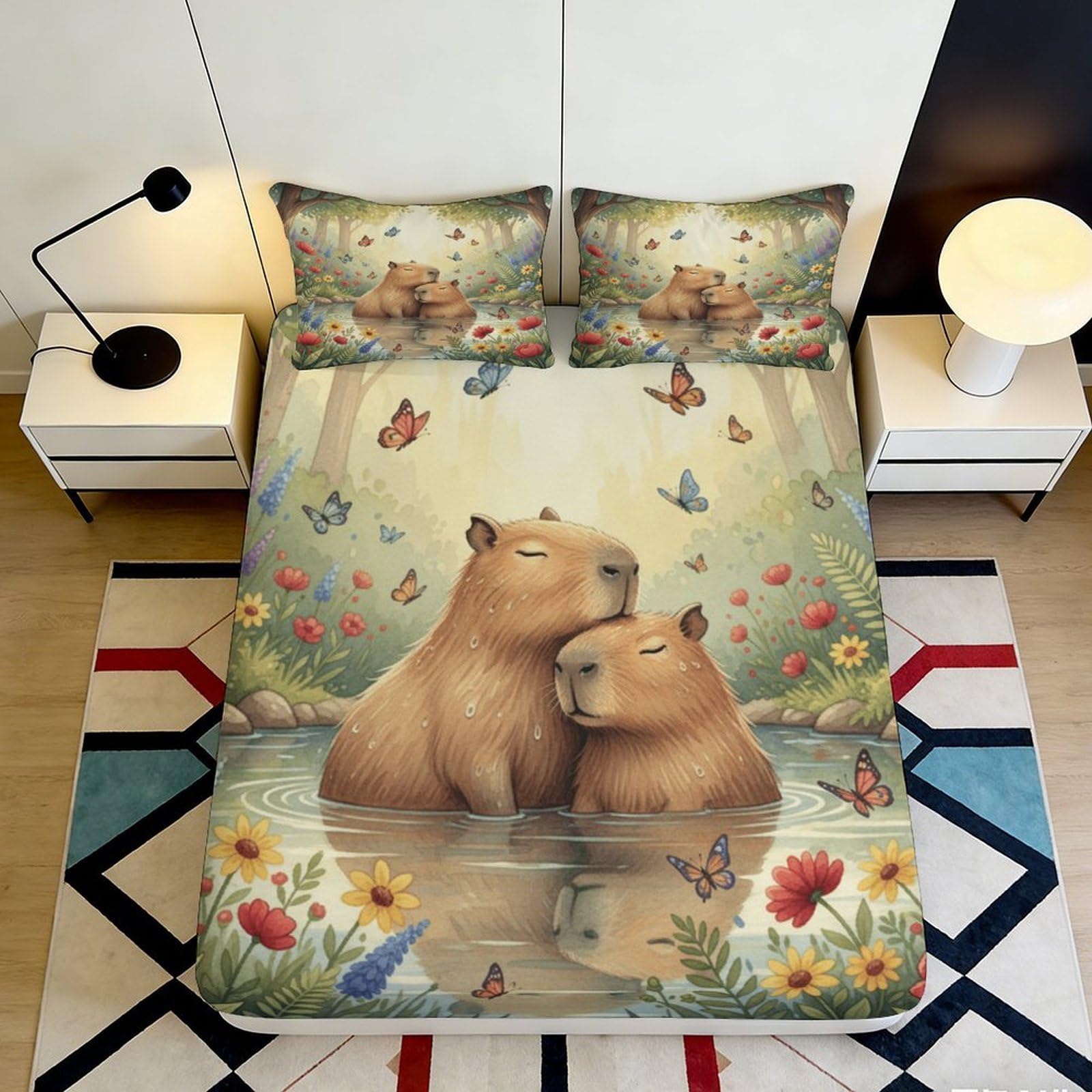 3D Printed Capybara Forest Fitted Sheet Microfiber Soft Anti-Slip Butterfly Meadow Mattress Cover Bedroom Decor 90x200x25cm