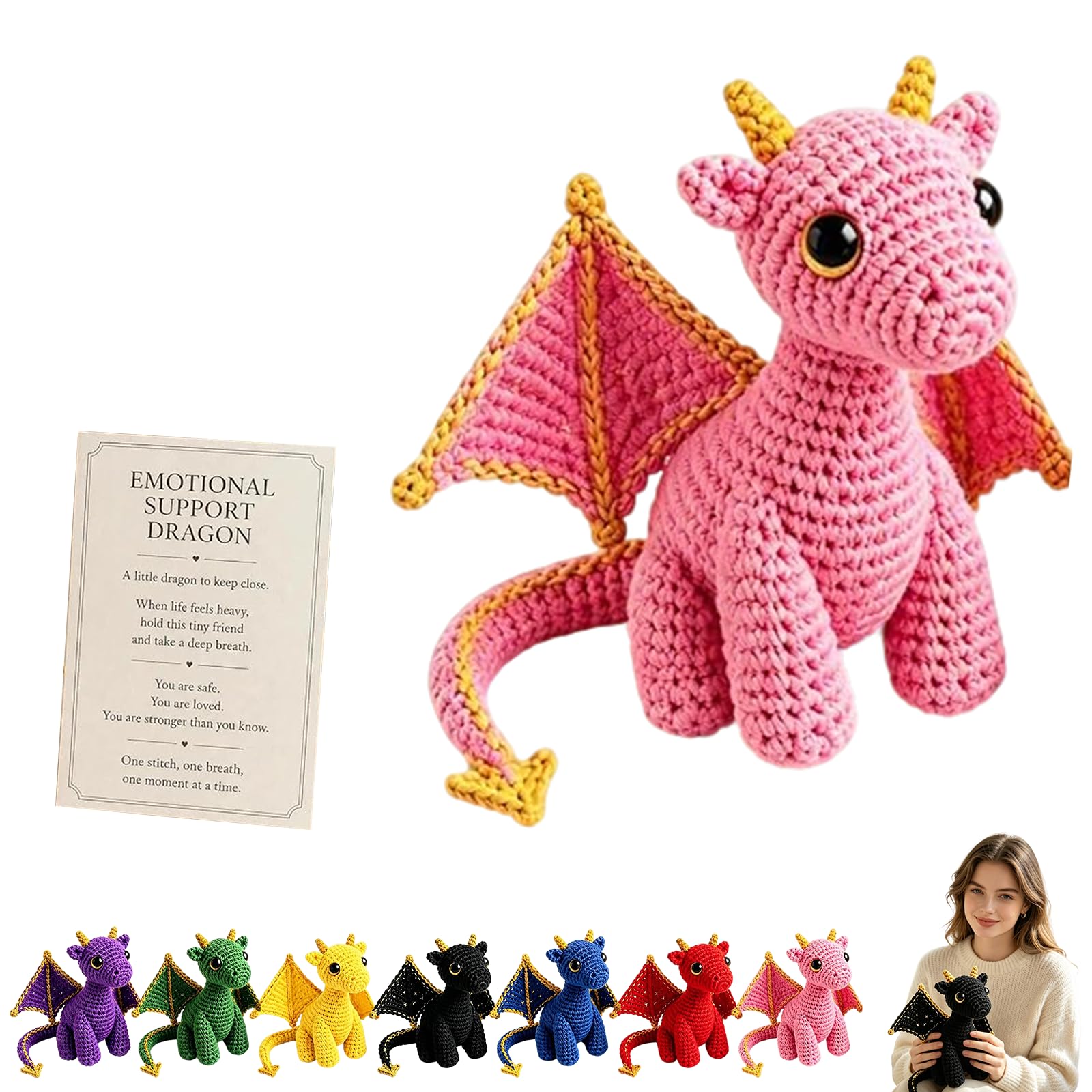 Emotional Support Dragon Pocket Buddy, Inspirational Crochet Animals Stress Relief Gifts,Handmade Knitted Wing Dragon Desk Keepsake with Motivational Cards，H