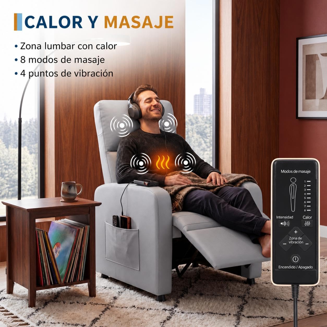 GarveeHome Sillón Relax Reclinable Eléctrico con Masaje y Calor | Respaldo alto ergonómico, Tapizado en piel sintética PU, Asiento acolchado, soporte lumbar, Puerto USB y bolsillos laterales