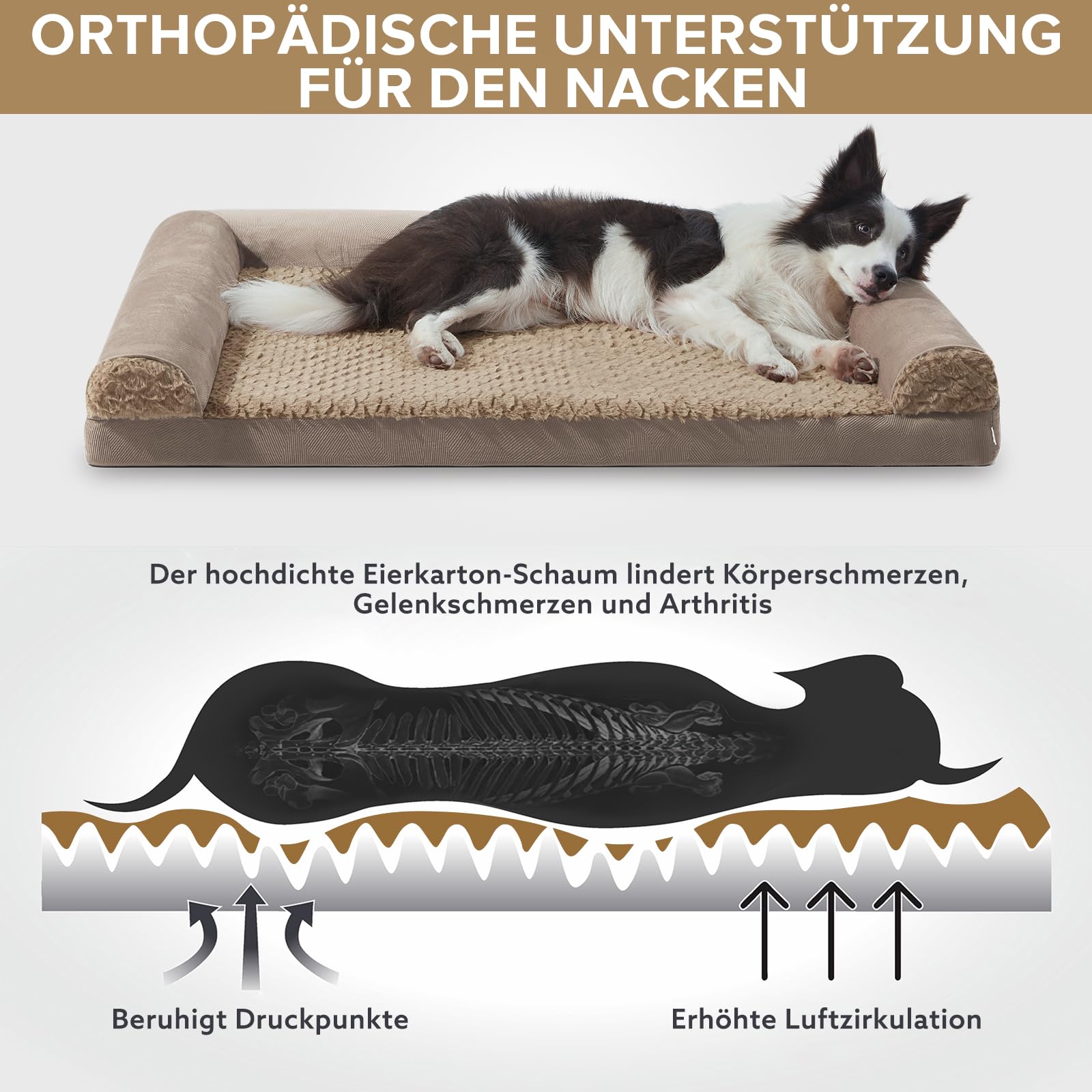 FURTIME Cuccia per cani di taglia grande, ortopedica, 89 x 64 cm, lavabile, ergonomica, con imbottitura rimovibile, antiscivolo, in gommapiuma, ortopedica