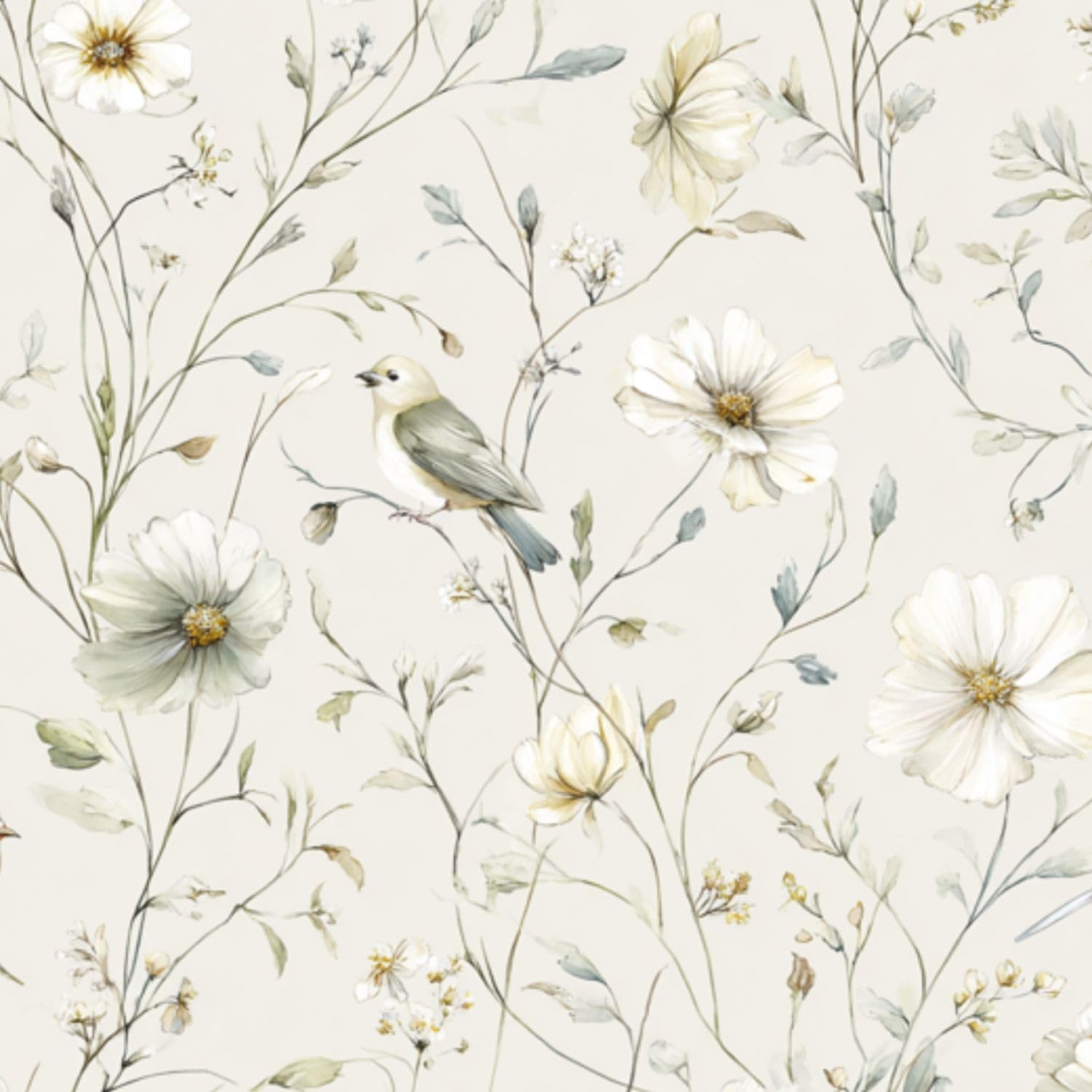 DERUINVAIO Self Adhesive Feature Removable Watercolor Botanical Meadow Peel and Stick Vinyl Wallpaper Roll, Sticky Lining Paper for Bedroom, Living Room, Kitchen Walls