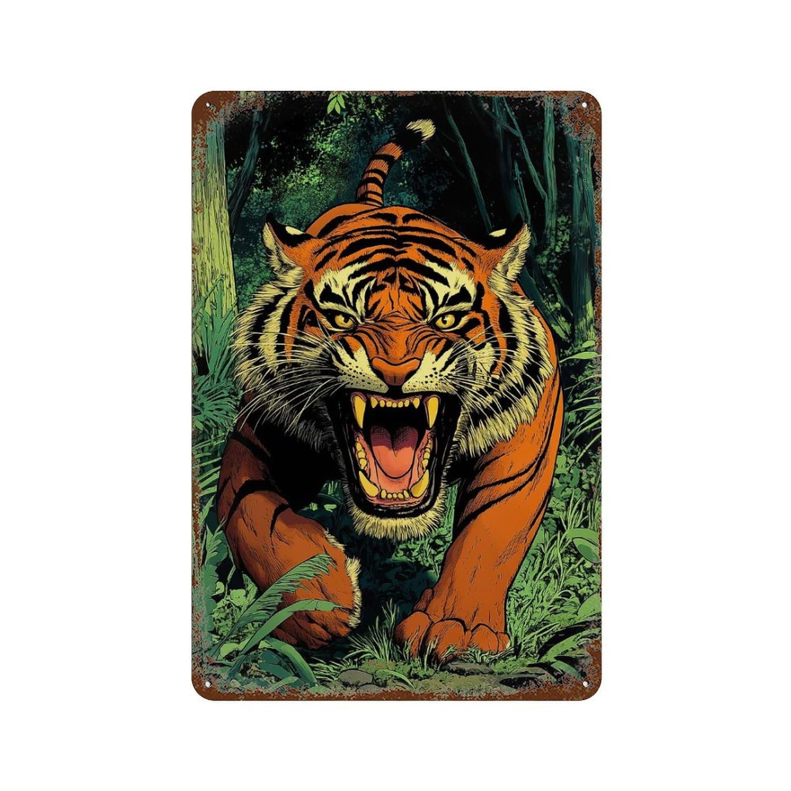 Tiger Jungle Distressed Metal Wall Sign 11.8"x7.9", Industrial Home Decor for Garage, Pub Or Kitchen