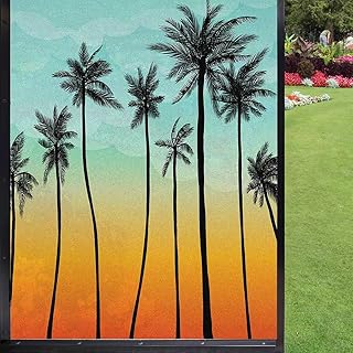 Tropical Frosted Window Film Home Decor,Palm Tree Silhouettes in Summer on an Ombre Effect Background Window Film no Glue,Orange Pale Blue Charcoal Grey 24inch x 36inch,24x36 inch