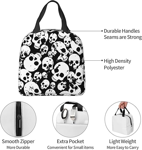 Vista 6 de VOOHDDY Bolsa de almuerzo aislada en blanco y negro con calavera para hombres y mujeres, contenedor reutilizable, impermeable, portátil, enfriador