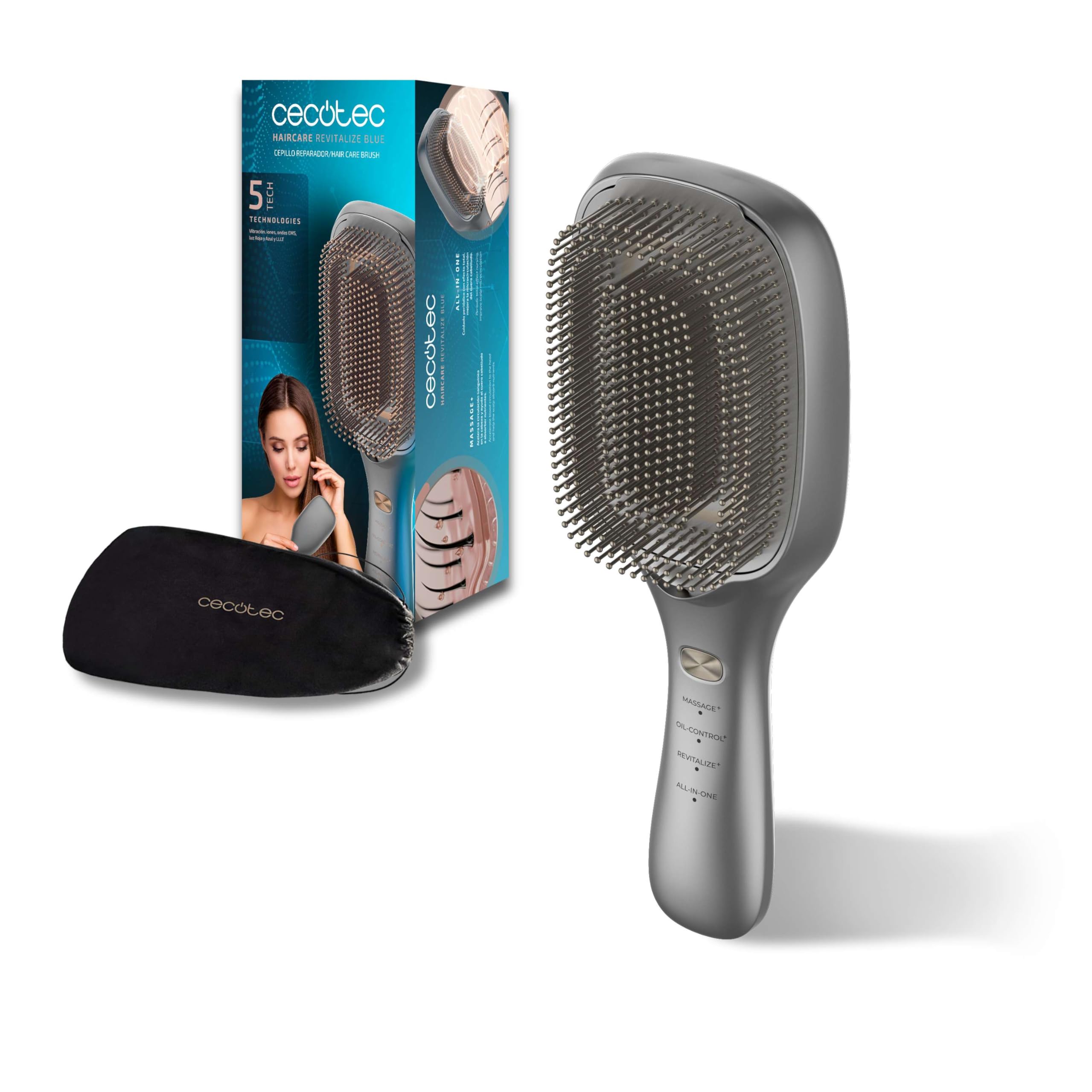 Cecotec Kopfhaut Reparaturbürste, Haarwiederherstellung HairCare Revitalize Aluminium. Modi: Massage, Oil Control, Revitalize, Vibration, negative Ionen, EMS-Mikroströme, LED-Licht, LLLT-Laser