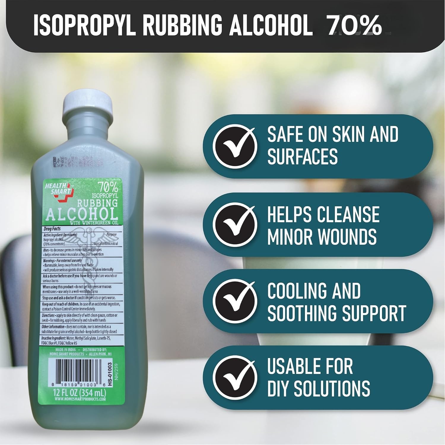 Isopropyl Alcohol 70% Solution with Wintergreen, Multipurpose First Aid Antiseptic and Cleaner for Minor Cuts, Scrapes, and Abrasions 12oz Pack of 6