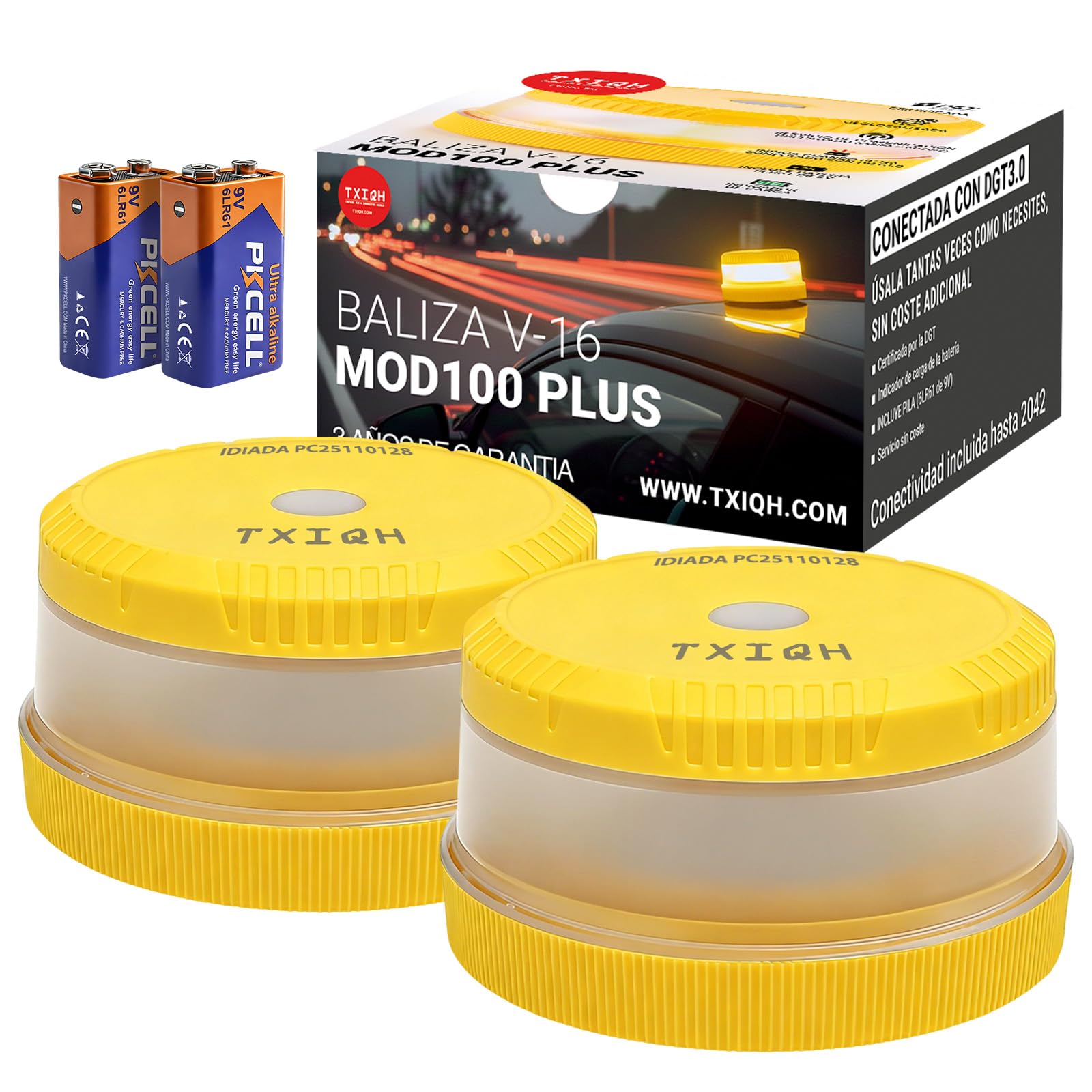 2 Piezas Baliza V16 Homologada DGT con Geolocalizador, Uso Obligatorio Enero 2026, Luz Emergencia Coche Homologado DGT 3.0, Alcance 1km, IP54 Resistente al Agua, Datos Incluidos Hasta 2042