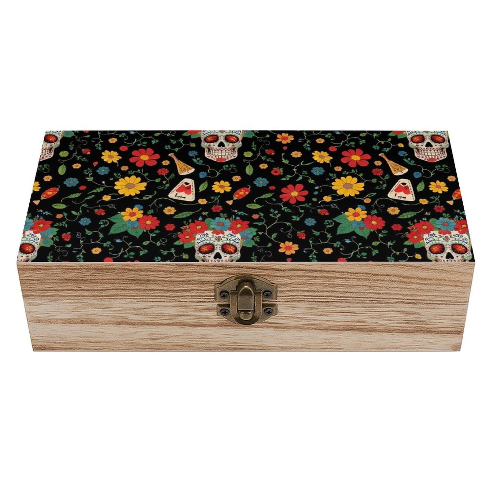 HLBSDM Mexican Sugar Skull Skeleton Floral Wooden Storage Box