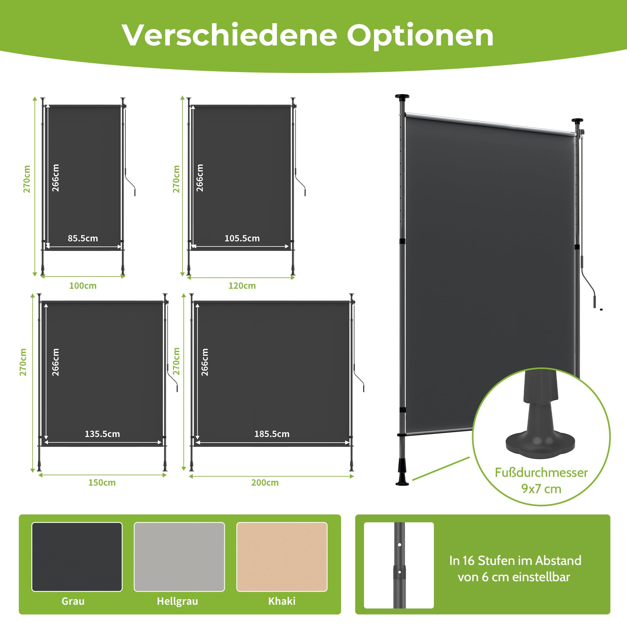 BelleMax Senkrechtmarkise Balkon außen ohne Bohren, Dunkelgrau 200x310cm Vertikalmarkise Klemmmarkise Mit Kurbel, Markise für Terrasse, Sichtschutz Sonnenschutz wetterfest