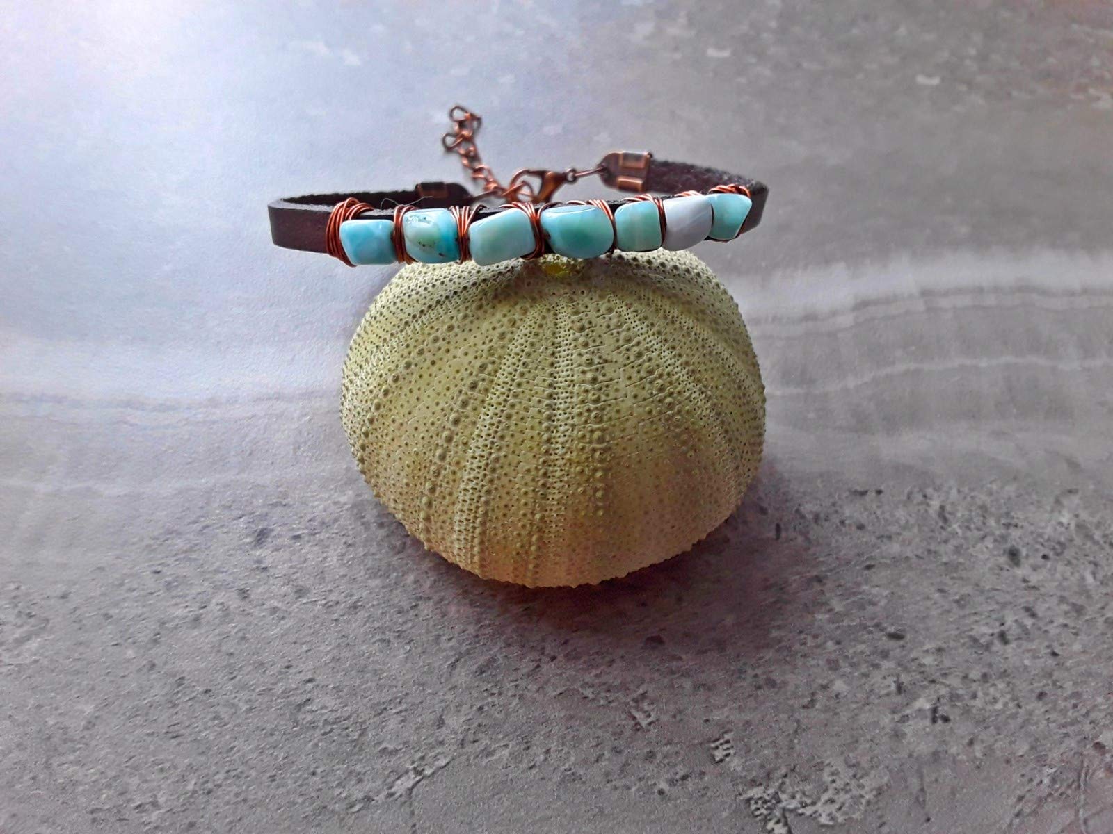 Handmade Birthstone Vegan Friendly Faux Leather Adjustable Necklace (Larimar)