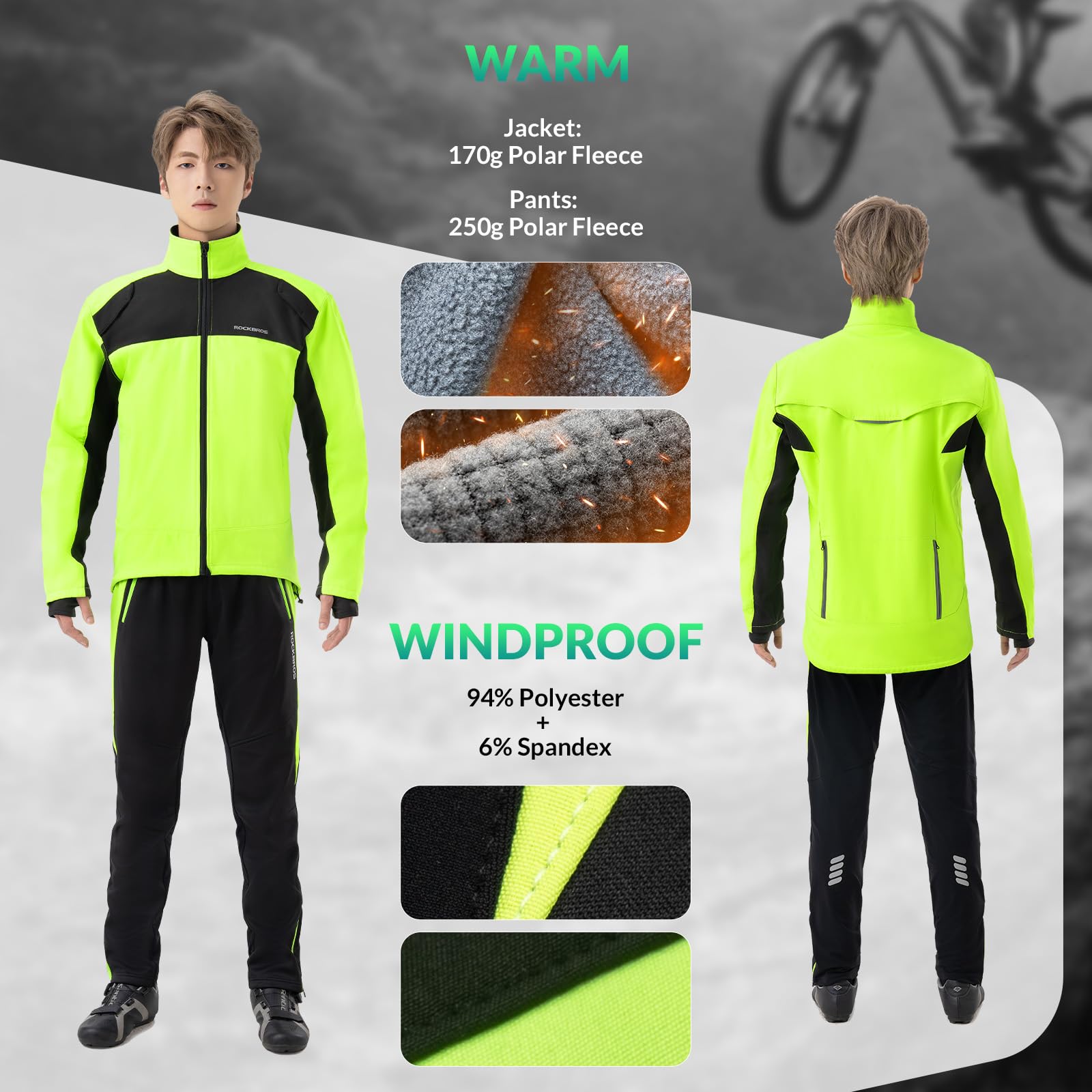 ROCKBROS Chaqueta y Pantalones Largos para Hombre Mujeres Ropa Térmica de Invierno Maillot Antiviento para Deportes al Aire Libre, Ciclismo, Montañismo y Senderismo