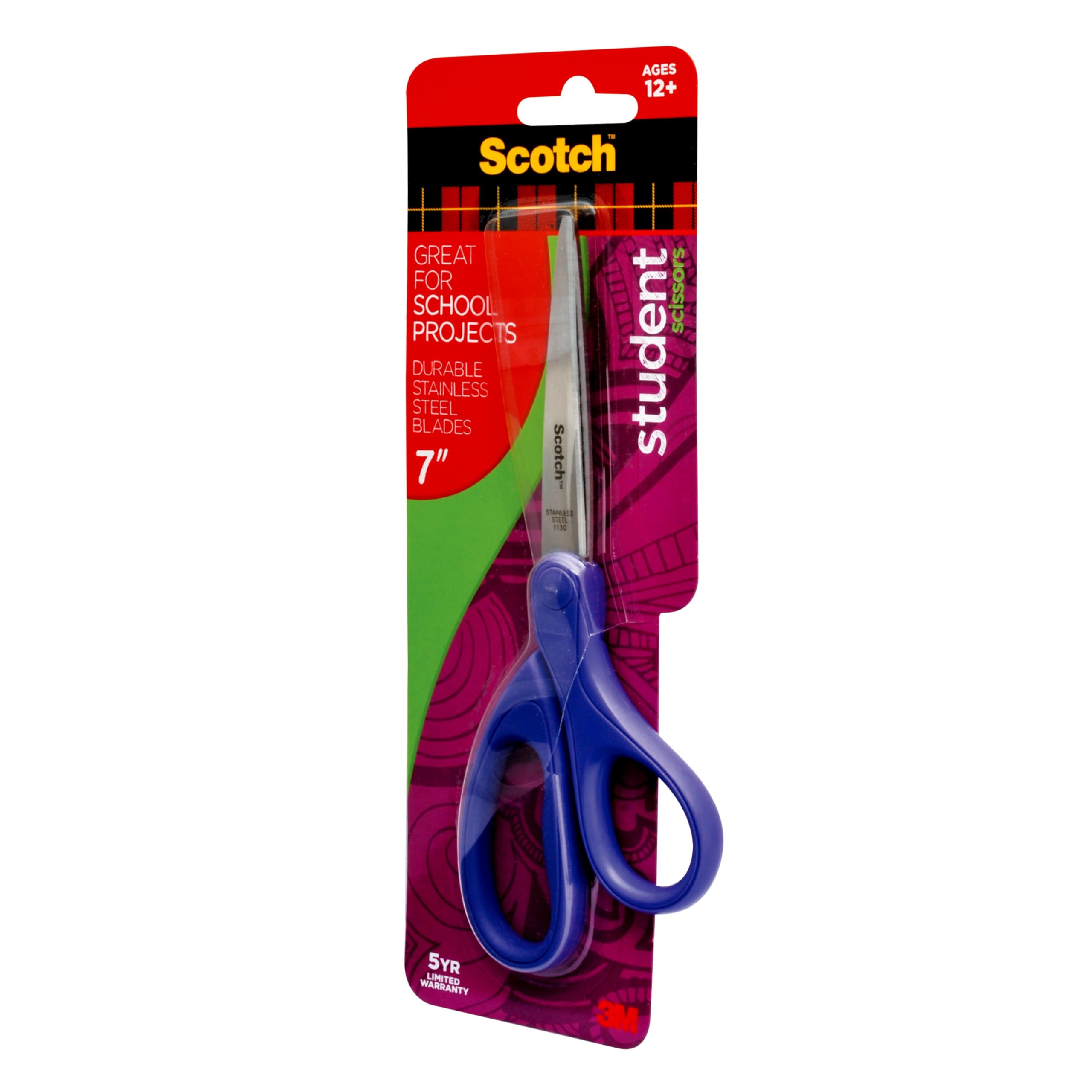 Scotch Studentenschere, 17,8 cm, Blau, Grün und Lila, Farben variieren, 6 Stück