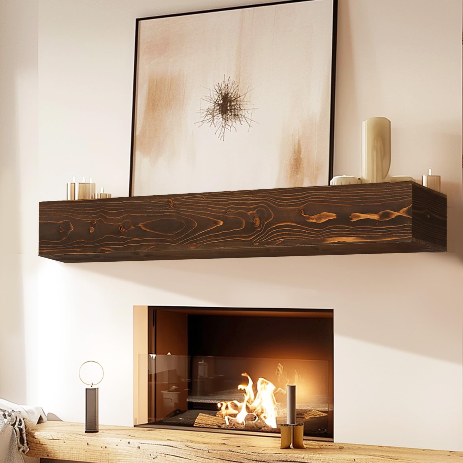 Photo 1 of YLYHSST Fireplace Mantel Handmade, 6'' Thick Wall Decor Long Floating Shelf, 48inch Rustic Wood Shelf with Invisible Brackets, Brown
