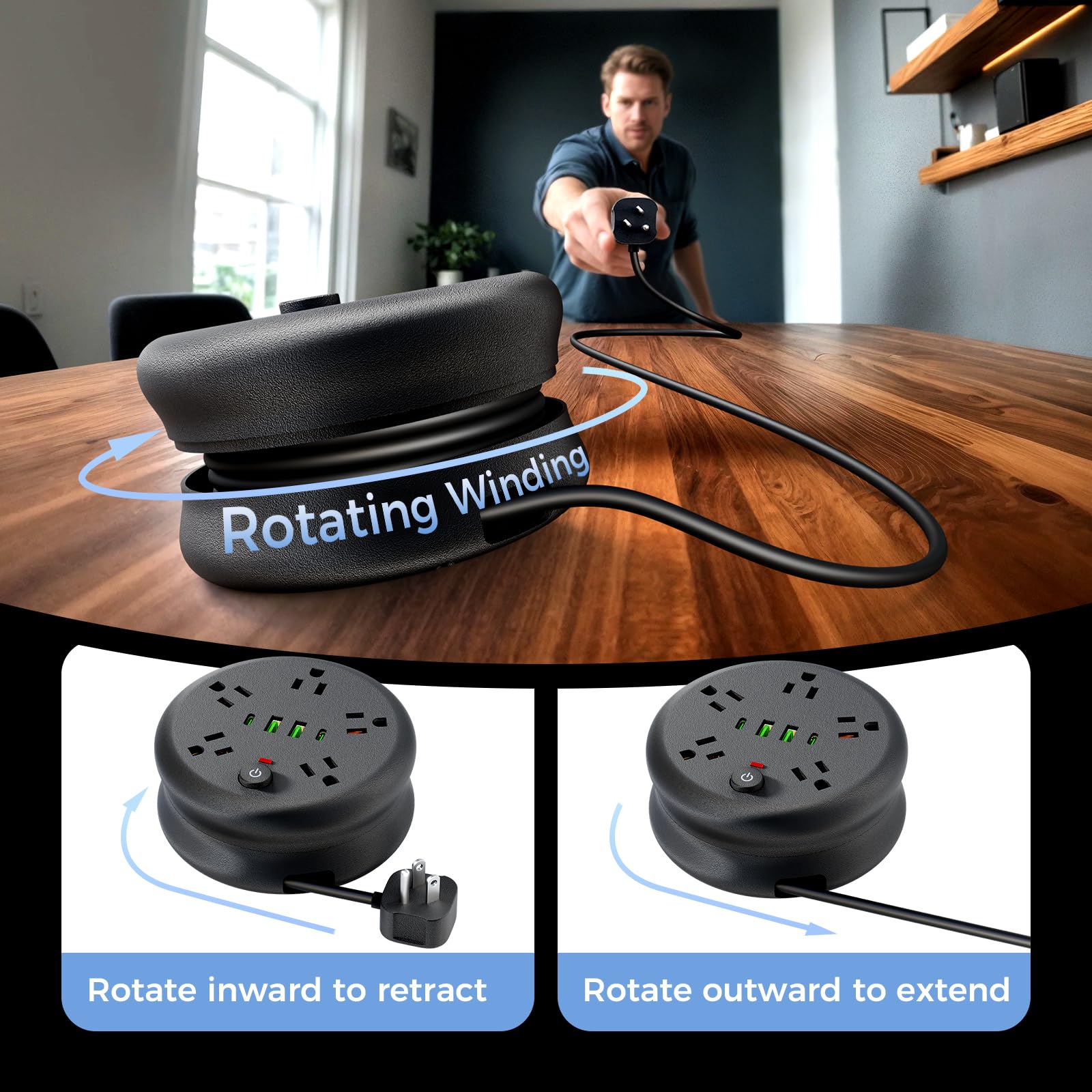 Power Strip Überspannungsschutz, einziehbar, 1,8 m, tragbares Reise-Verlängerungskabel mit 5 Steckdosen, 2 intelligente USB-Anschlüsse, 2 USB-C-Anschlüsse, für Büro zu Hause, Reisen