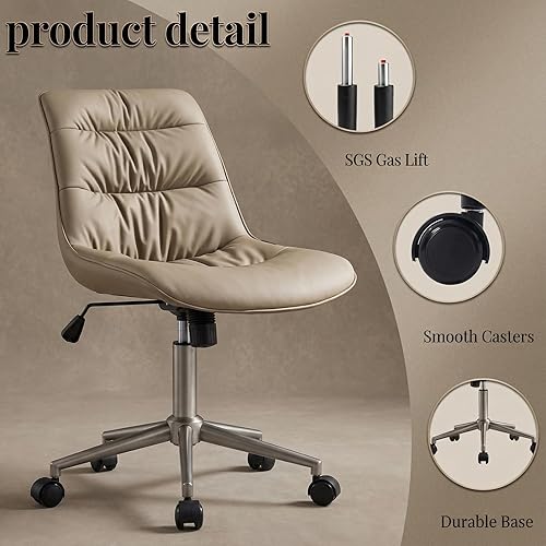 Miniatura 4 de Rowill Silla de oficina de piel sintética, silla de escritorio ergonómica sin brazos con cojín impermeable y ruedas flexibles y elevación de gas