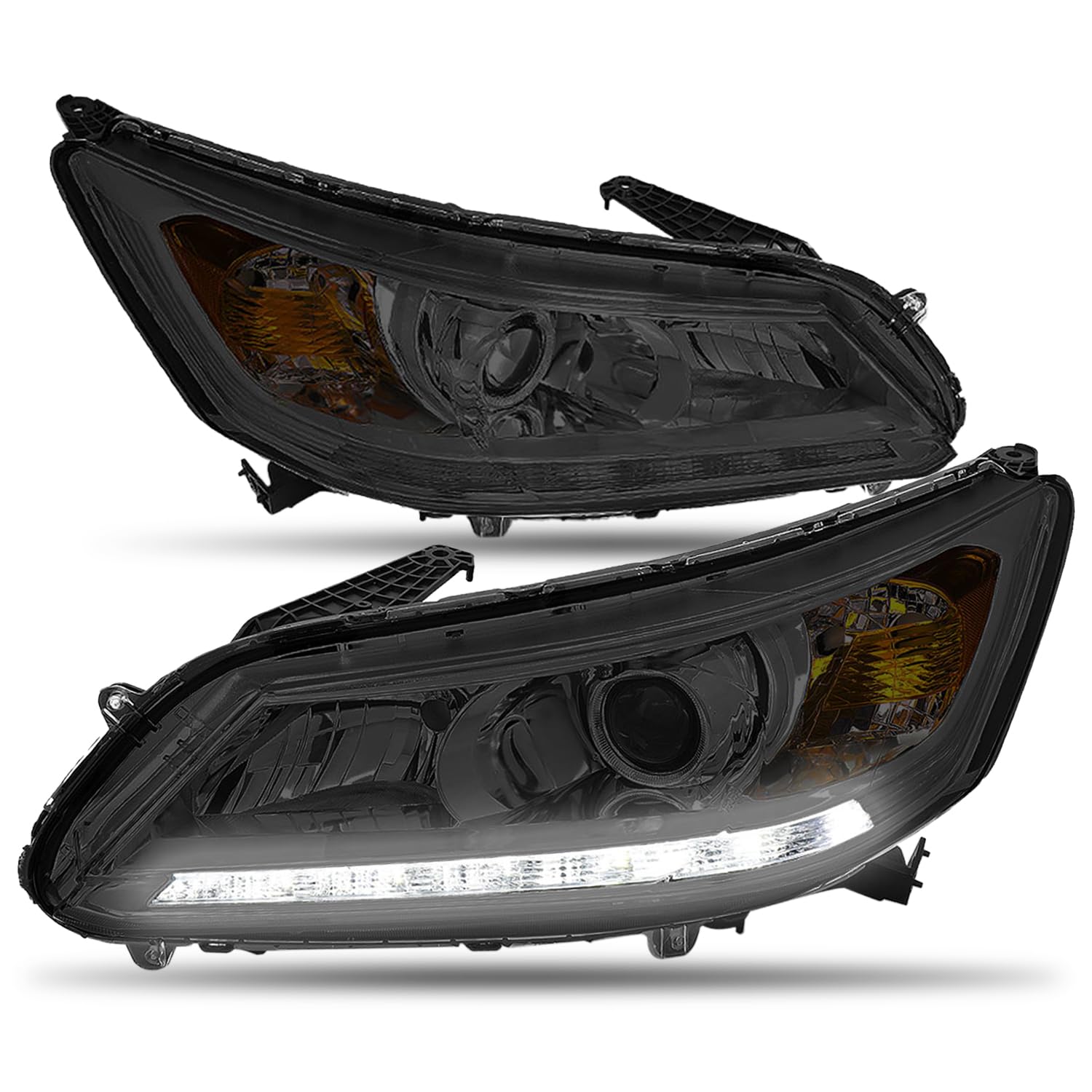Headlight Assembly Compatible with Honda Accord 4-Door Sedan 13-15 LED DRL Projector Headlights Smoked Lens Amber Side HO2503156 HO2502156 HO2502151 HO2503151 CAAP-HA13-LB-SMAM-HL