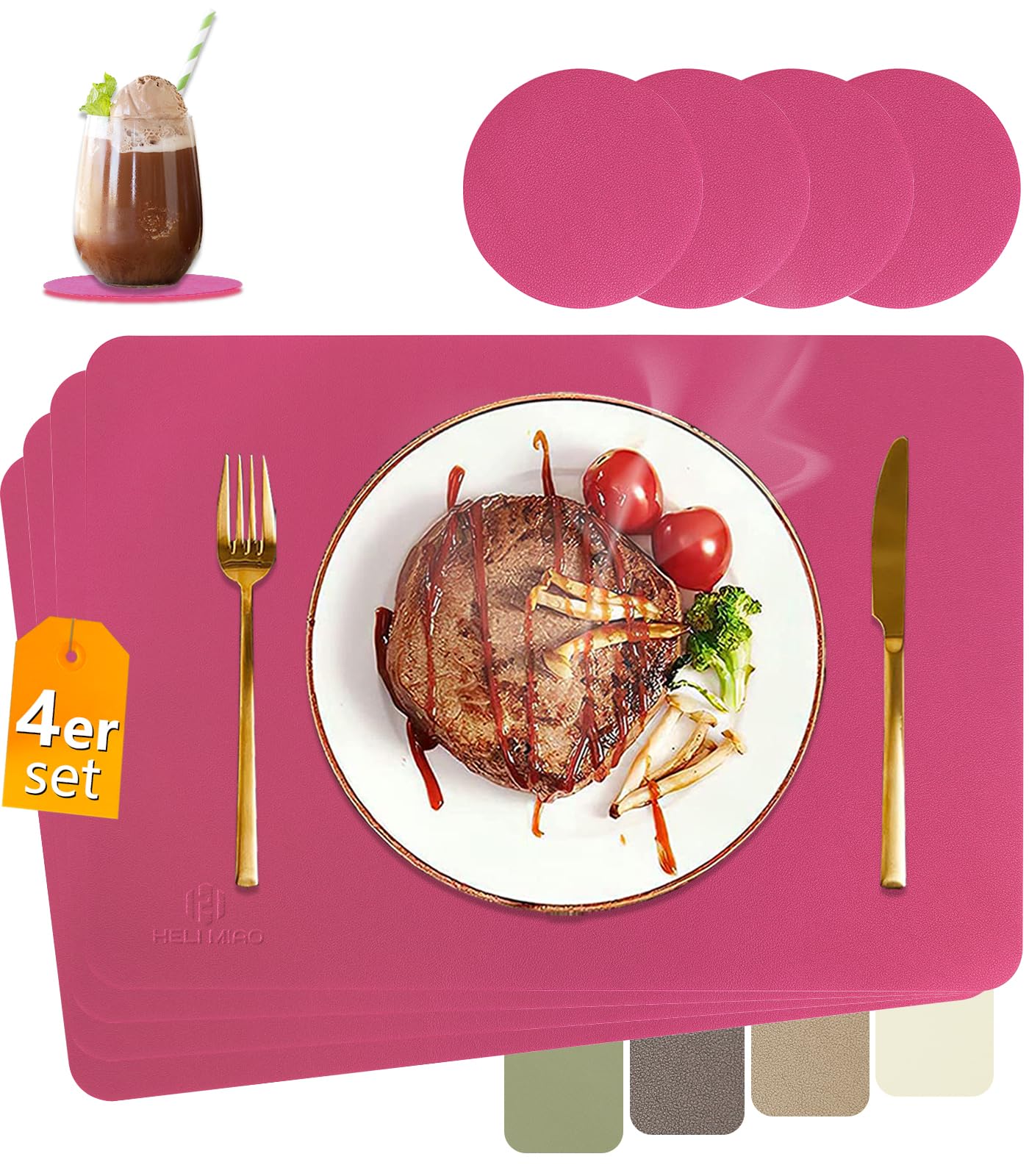 HELI MIAO Tischsets Abwaschbar,Platzsets Abwischbar, Leder,Hitzebeständig Doppelseitigen I 6er Set Platzdeckchen Lederoptik mit Untersetzer,Tischuntersetzer rutschfest,Salbeigrün
