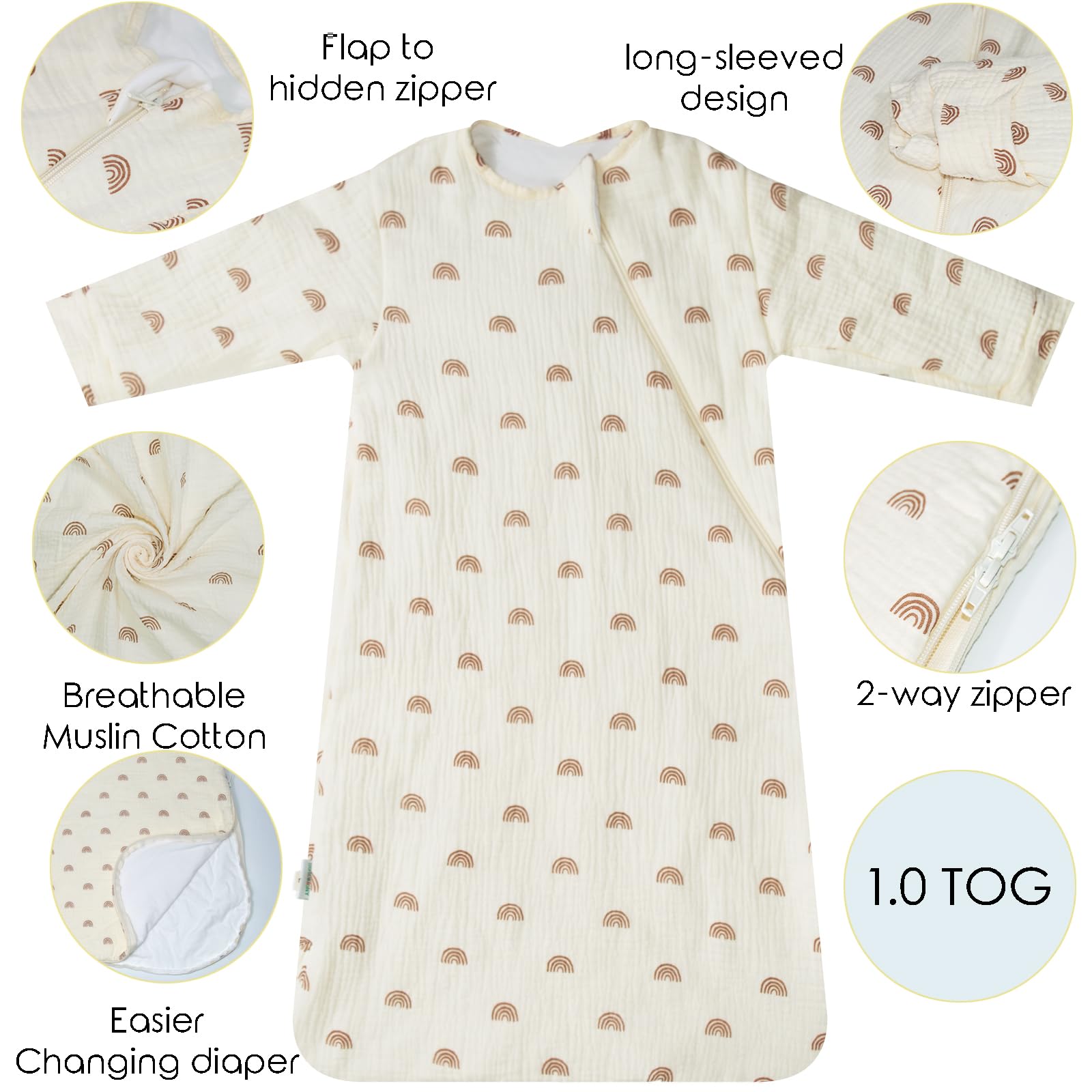 Dormlony Muslin cotton Baby Long Sleeve Sleeping Bag,Unisex Sleep Sack with 2- Way Zipper for Easy Diaper Changes 1.0TOG,(6-18 Months,Rainbow)