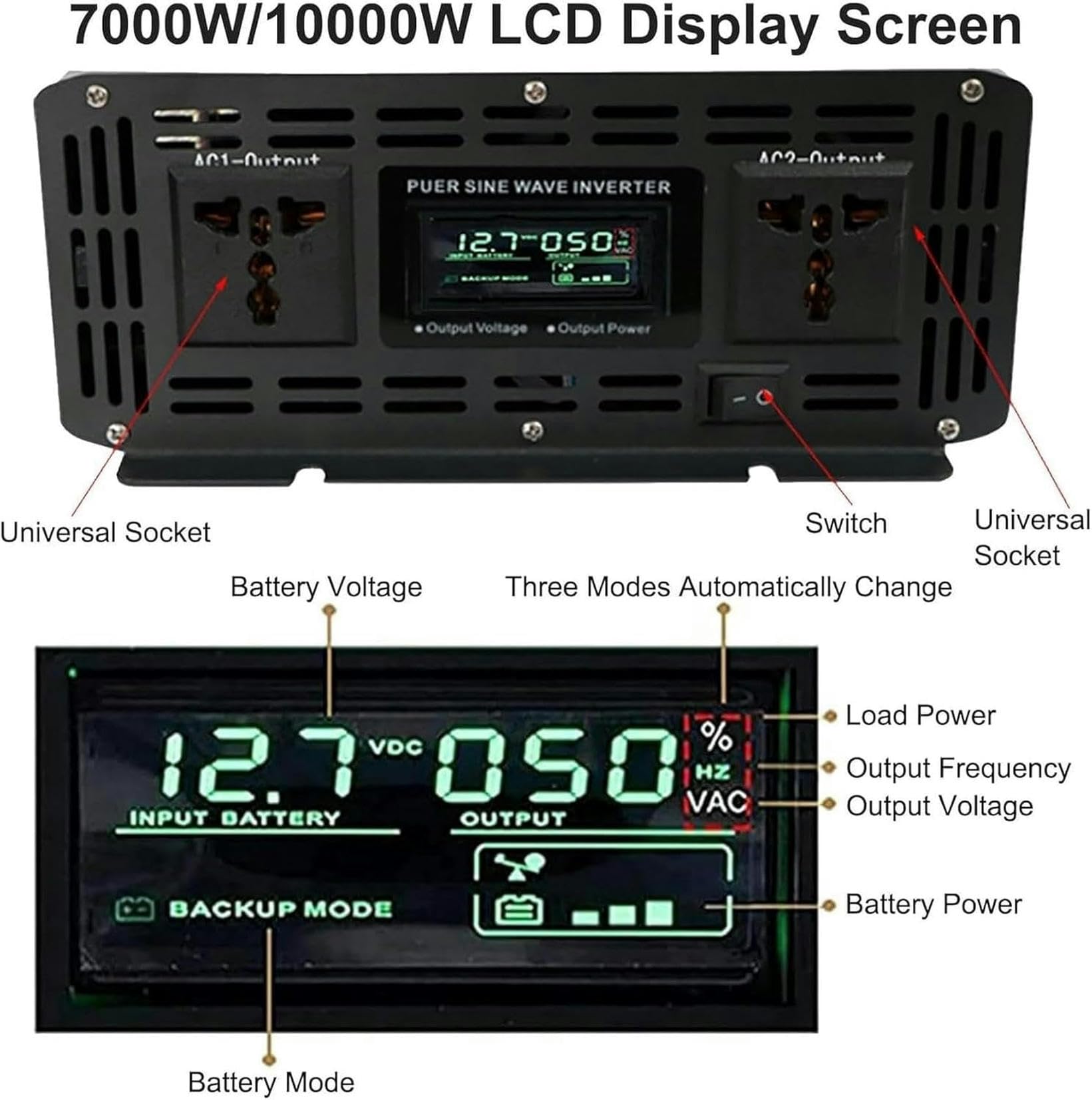 Inversor de Potencia de Onda sinusoidal Pura de 3500 W, 4500 W, 7000 W, 12 V/24 V/48 V/60 V/72 V CC a 110 V, 220 V, autocaravanas y Fuera de la Red con Pantalla LCD