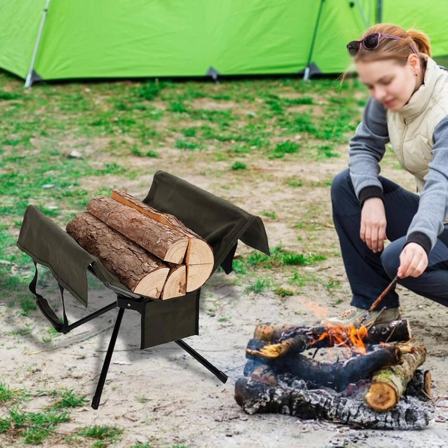 Waxed Canvas Log Carrier for Firewood Collapsible Fireplace Log Holder Rack with Portable Storage Bag Hard-Wearing Log ToteFirewood Storage Bag