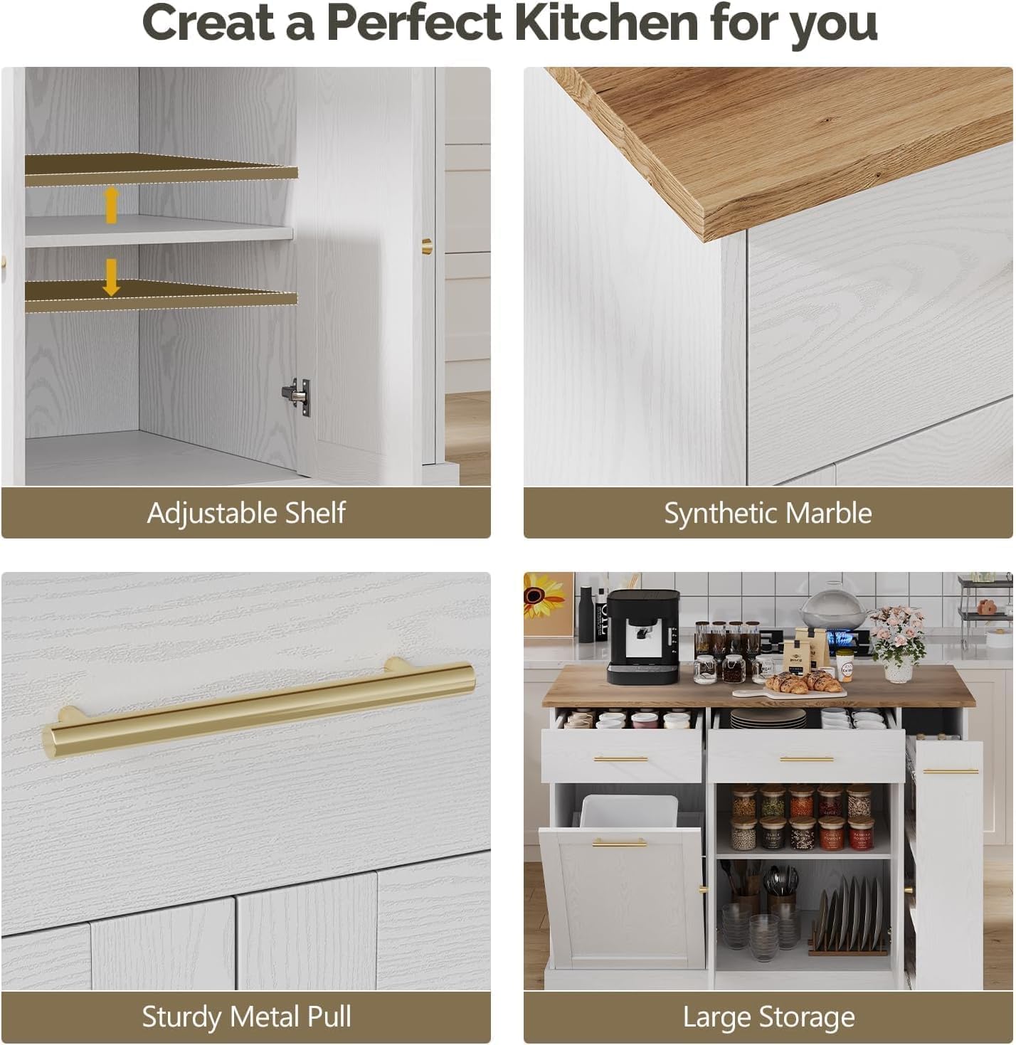 4 EVER WINNER 53" Rolling Kitchen Island with Trash Can Storage, Solid Wood Countertop, 3-Tier Sliding Spice Rack, Drawer & Towel Rack, Mobile Island Table with Storage, White