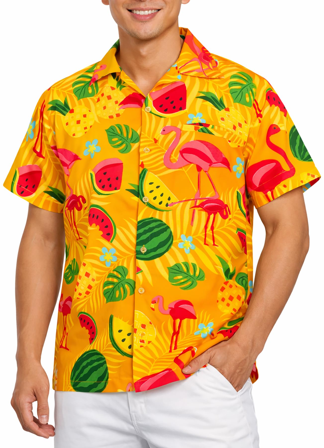 King Kameha Men's Yellow - Flamingo Melon Hawaiian Shirt For – Tropical ’S Hawaiian Shirt Short Sleeve, Flamingo Melon, Yellow, 6XL