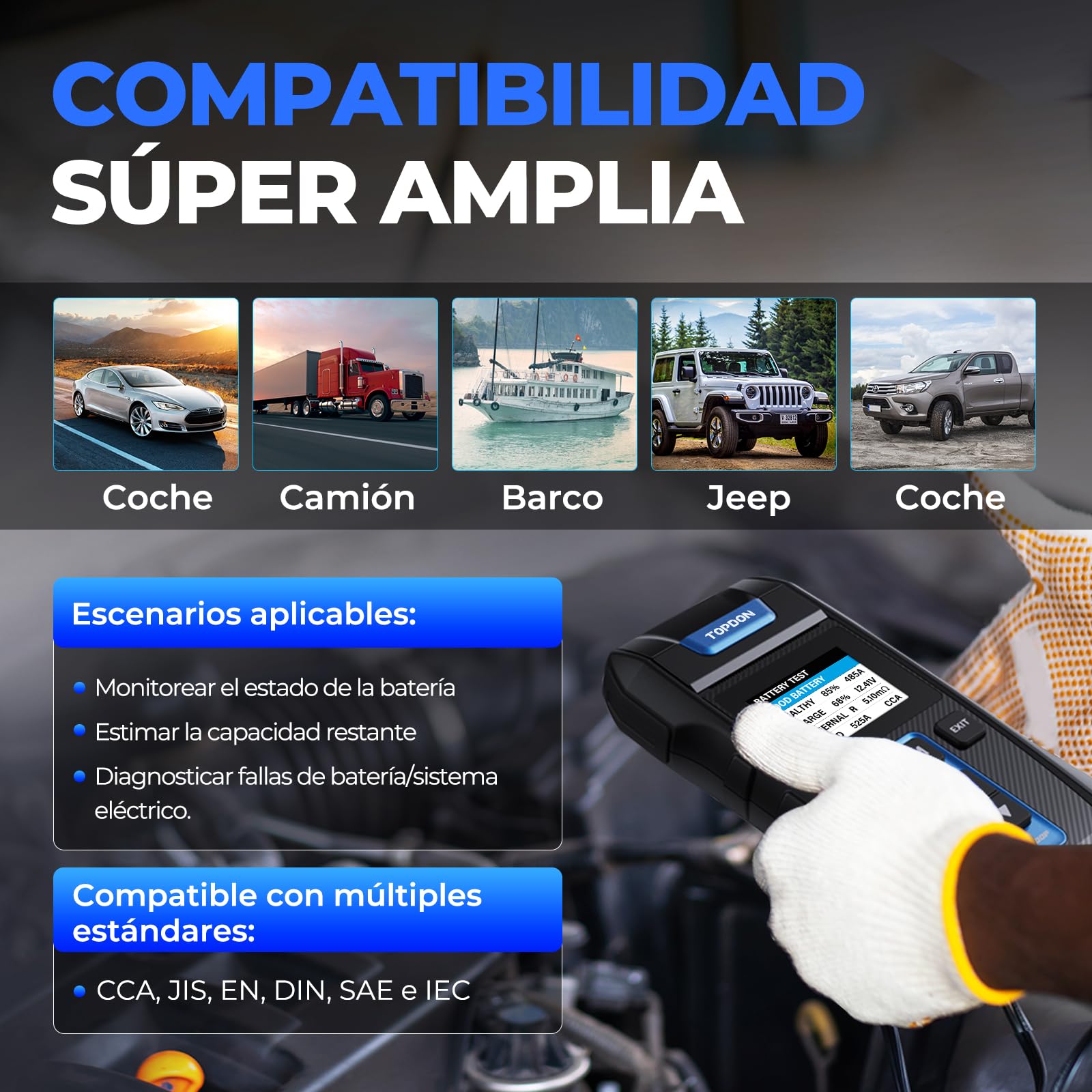 Probador de batería de 12 V/24 V con impresora incorporada Topdon BT300P, 100-2000 CCA - Probador de carga automático para prueba de batería/arranque/carga