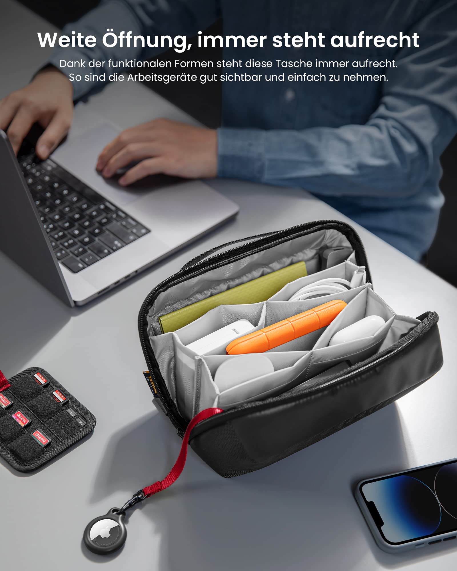 tomtoc Kabeltasche Zubehörtasche, Elektronik Zubehör Kabel Organizer Tasche Tech Pouch, Reise Cable Bag für Ladekabel, Festplatte, MacBook Adapter, Ladegerät, PowerBank, SD Karten, Schwarz