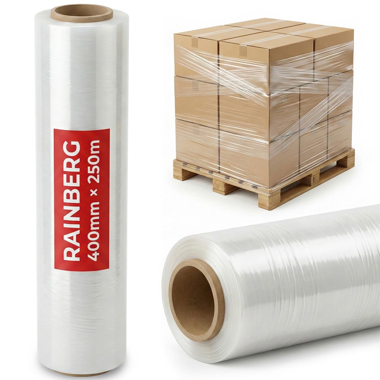 Rainberg Clear Strong Heavy-Duty Stretch Film For Pallet Wrapping, Packaging, And Moving For Furniture, Luggage, And Parcels, Water & Moisture Proof Pallet Stretch Shrink Wrap Rolls 400Mm X 250M (, 1)
