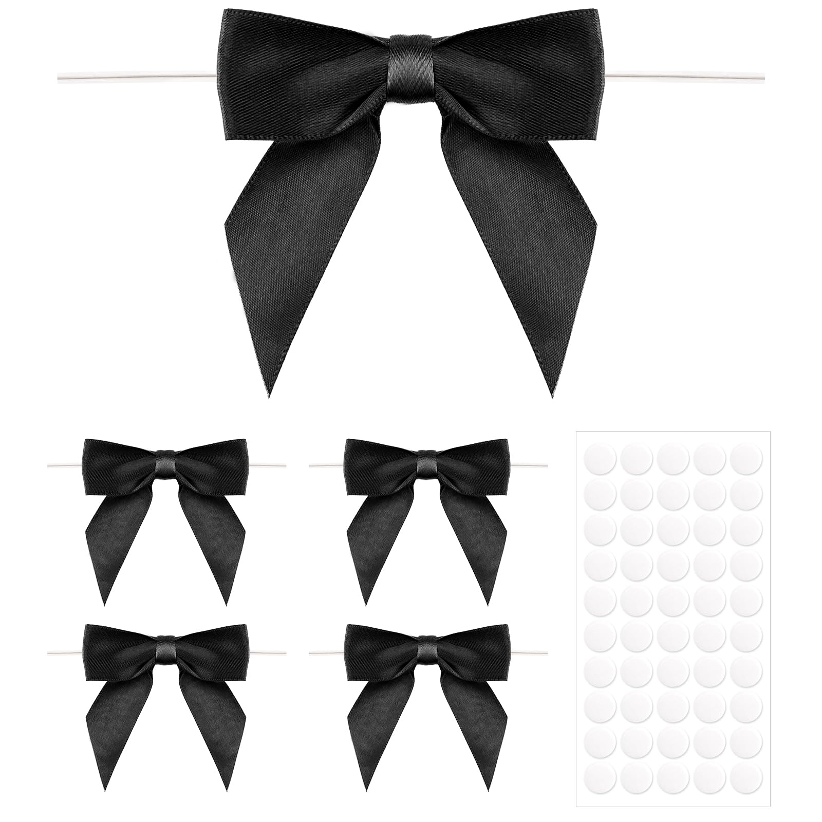 Anwyll 50Pcs Twist Tie Bows,Black Satin Ribbon Bows,3.5'' Wedding Favors Ribbon Bows,Pre-Tied Black Gift Bows for Gift Wrap Treat Bag Present Craft
