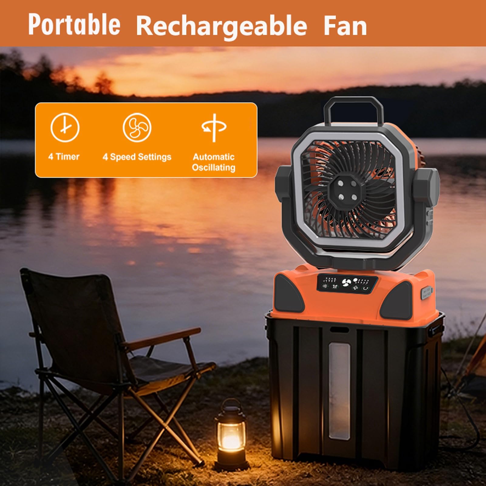 Vikye 3-in-1-Campingventilator, Batteriebetriebener 20000-mAh-Ventilator mit LED-Licht und 6-Liter-Eimer für Reisen, Schlafzimmer, Zuhause, Camping