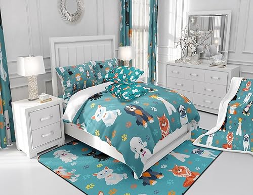Miniatura 6 de Juego de edredón lindo de perro y gato, tamaño matrimonial, juego de ropa de cama colorido con estampado de patas de cachorro, 3 piezas para niños y