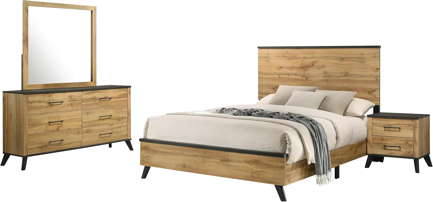 Coaster Home Furnishings Kaywood Mid-Century Modern 4-Piece Bedroom Set Full Size Panel Bed Frame 52-inch Headboard Weathered Brown