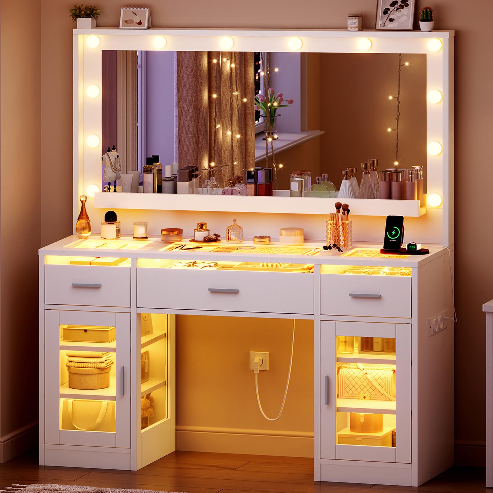 TEENFON Toeletta Con Specchio LED Di Grandi Dimensioni E Luci RGB, Piano In Vetro, Luminosità Regolabile, 3 Cassetti, 2 Ante, Presa Di Corrente, Toeletta Moderna Per Camera Da Letto, Bianca
