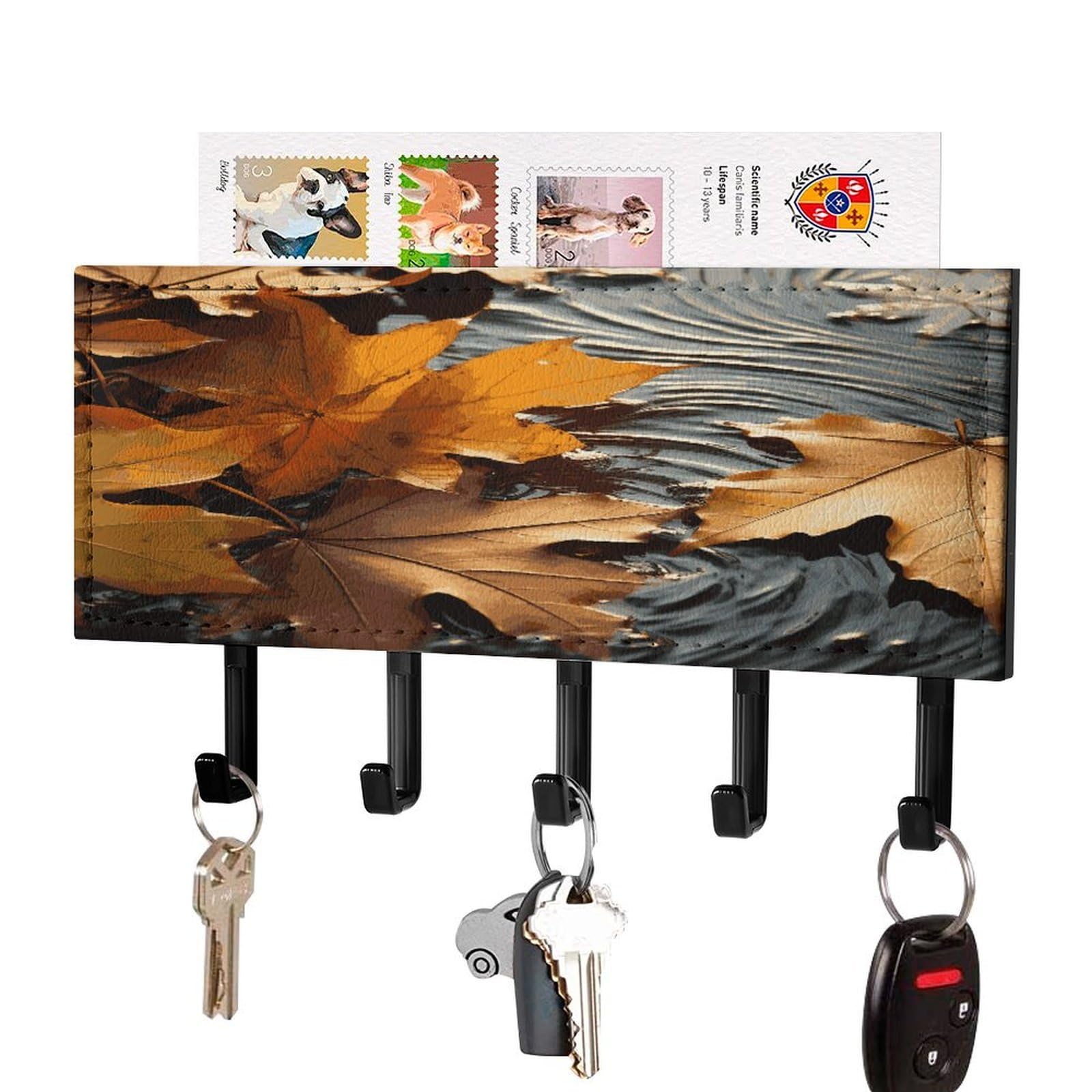 Fekiloot Black-Style Fall Leaves Key Holder Wall Mount Key And Mail Holder Key Hanger With 5 Hooks Decorative Pu Key Rack Hanging Key Hooks For Wall Living Room Kitchen Bathroom Hallway