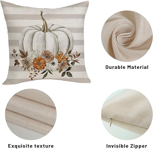 Miniatura 3 de Fundas de almohada de otoño de 18 x 18 pulgadas, paquete de 2 fundas de almohada decorativas de otoño con flores y rayas, funda de cojín decorativa