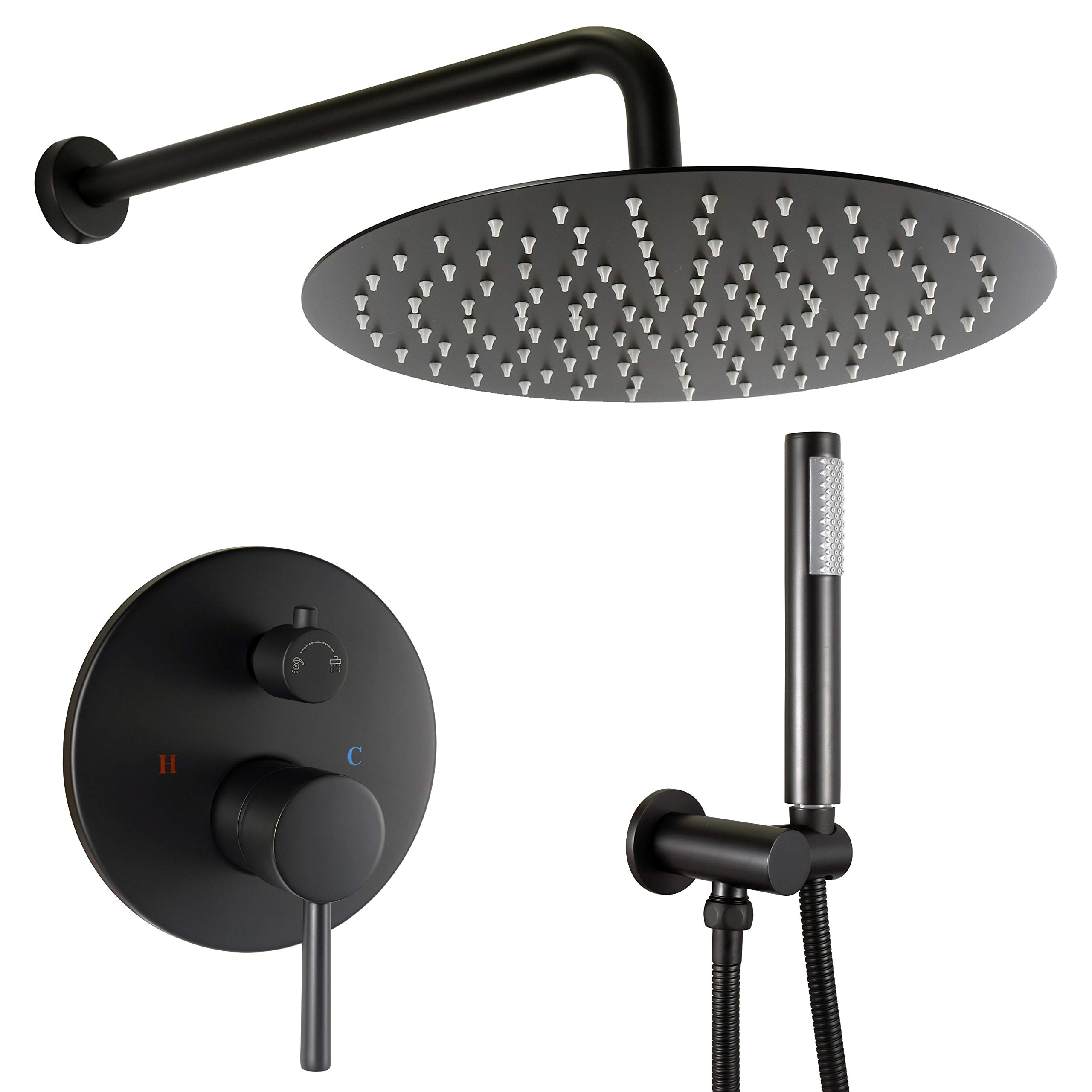 12 Inch Brass Shower System, Wall Mounted Concealed Shower Set with 30cm Round Rainfall Head and Handheld Shower, (Matte Black)